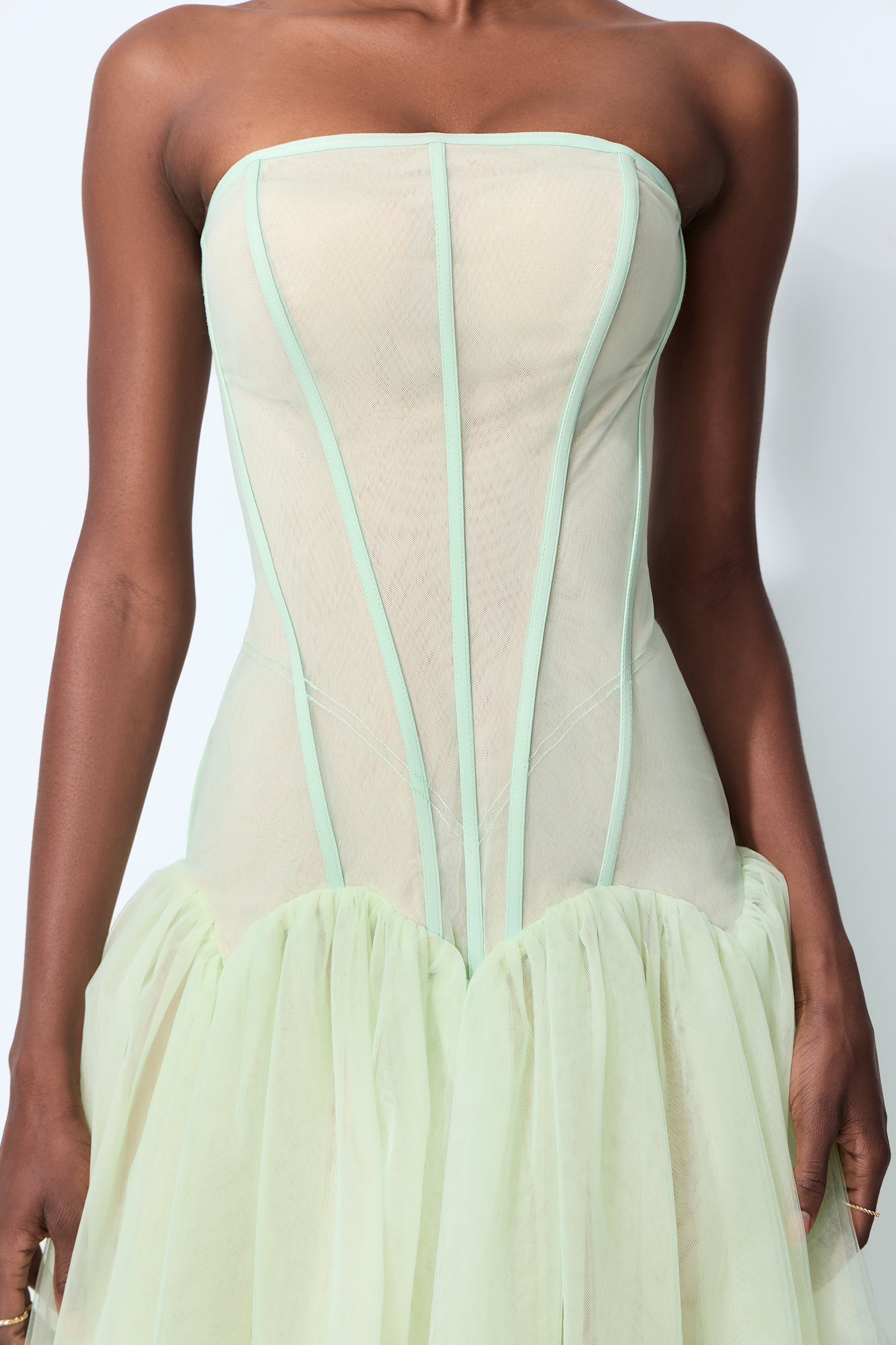 Enchanting Lady Green Corset Bodice Tulle Maxi Dress