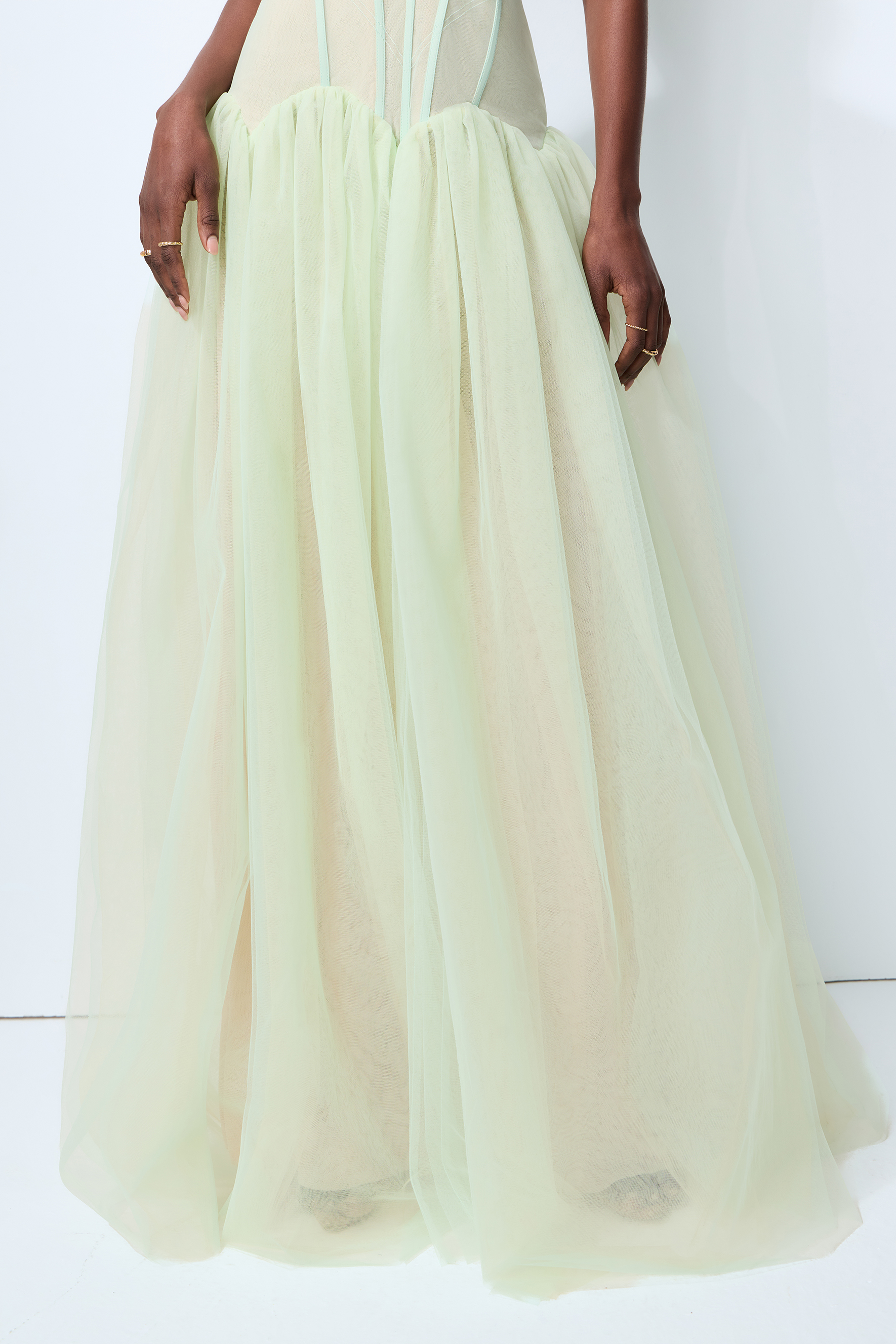 Enchanting Lady Green Corset Bodice Tulle Maxi Dress