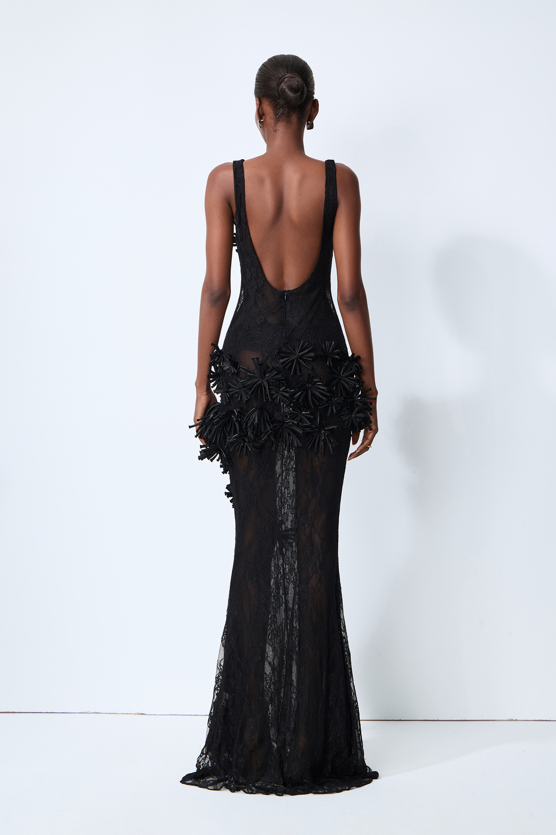 Midnight Desire Black Sheer Lace Floral Applique Maxi Dress