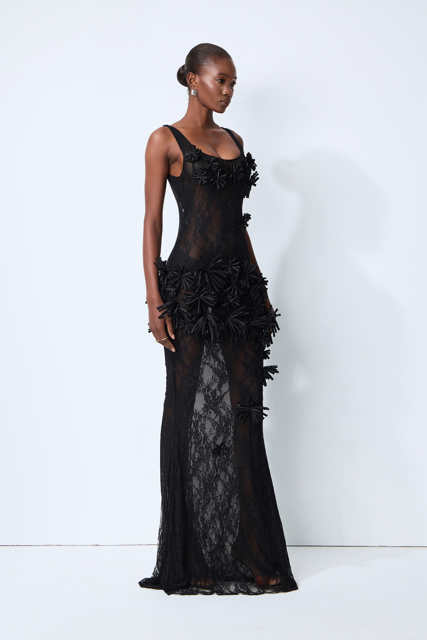 Midnight Desire Black Sheer Lace Floral Applique Maxi Dress