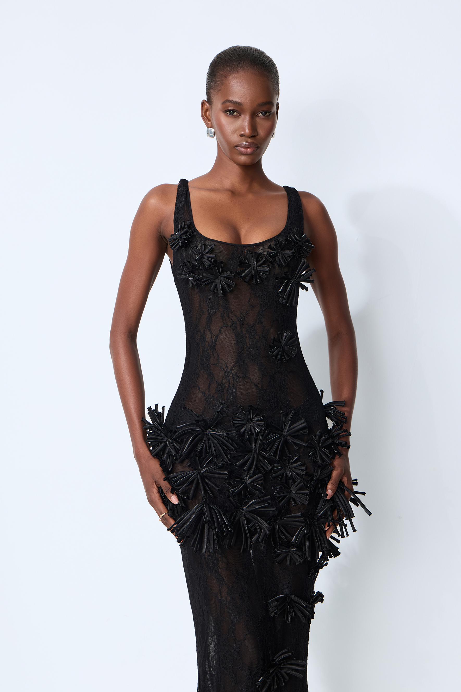 Midnight Desire Black Sheer Lace Floral Applique Maxi Dress