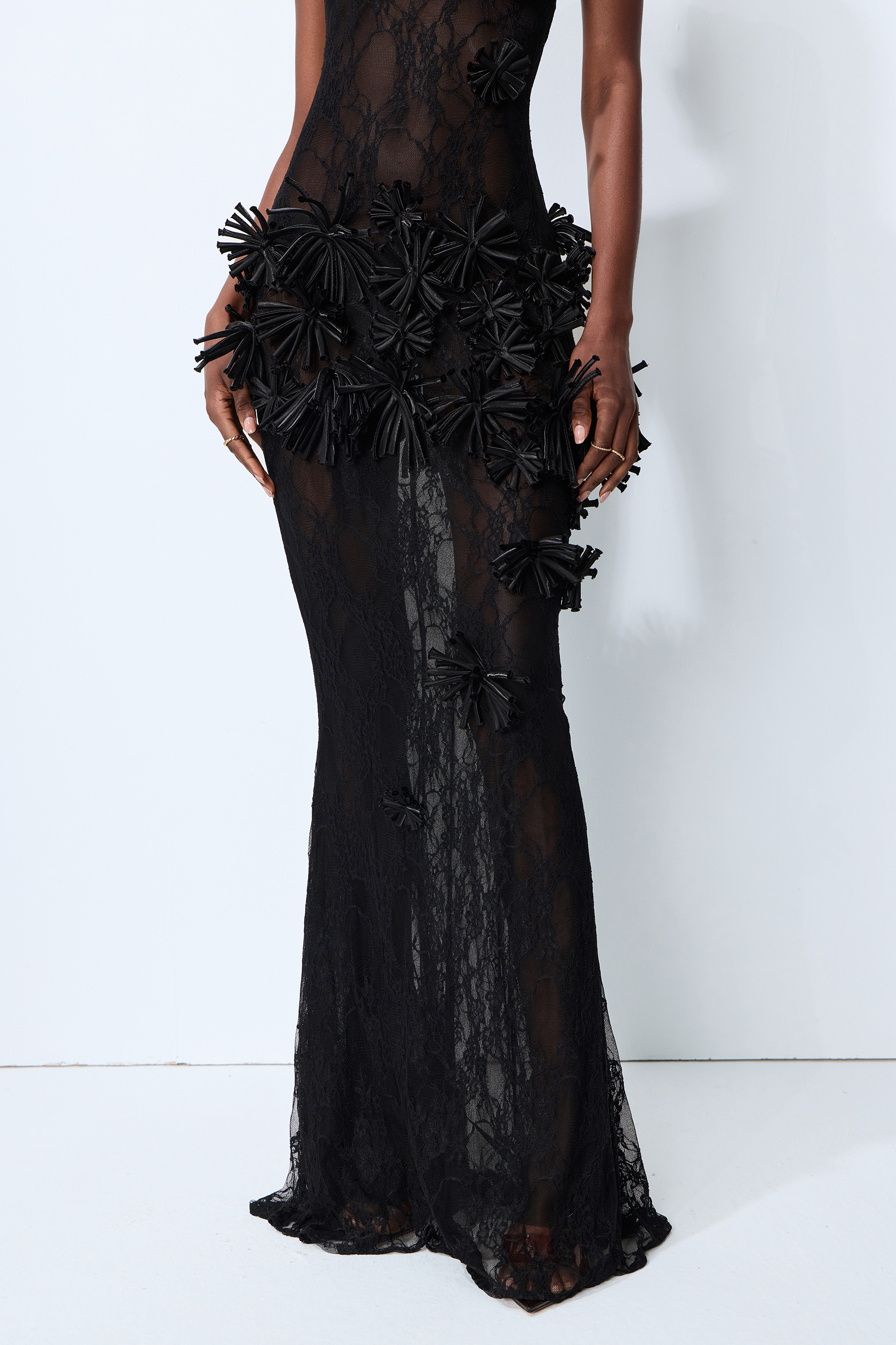 Midnight Desire Black Sheer Lace Floral Applique Maxi Dress