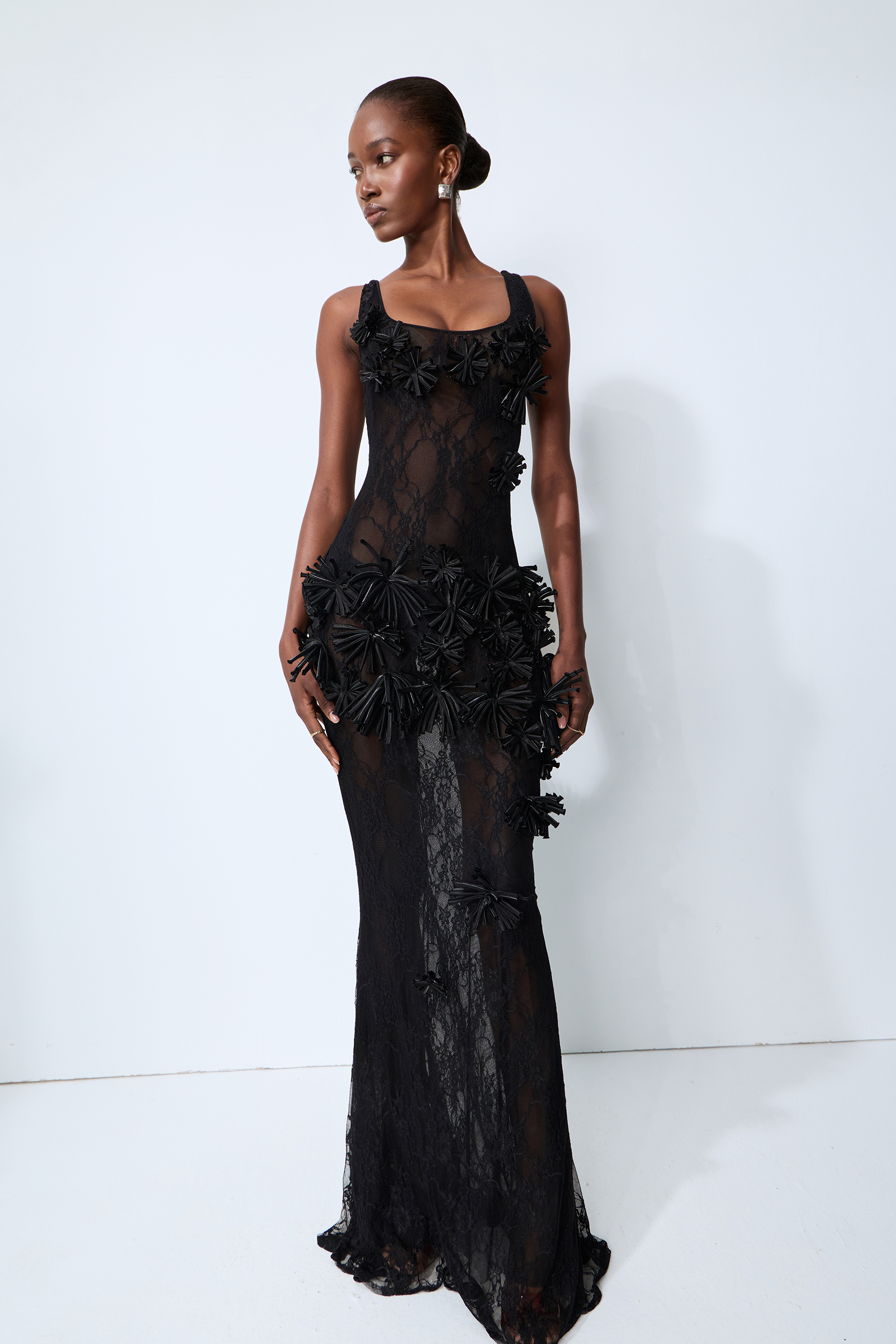 Midnight Desire Black Sheer Lace Floral Applique Maxi Dress