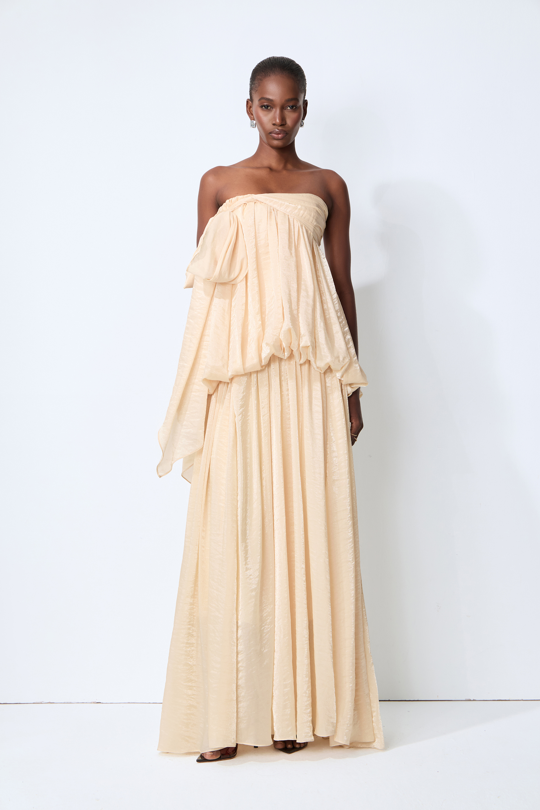 Soft Hours Beige Strapless Draped Bubble Maxi Dress