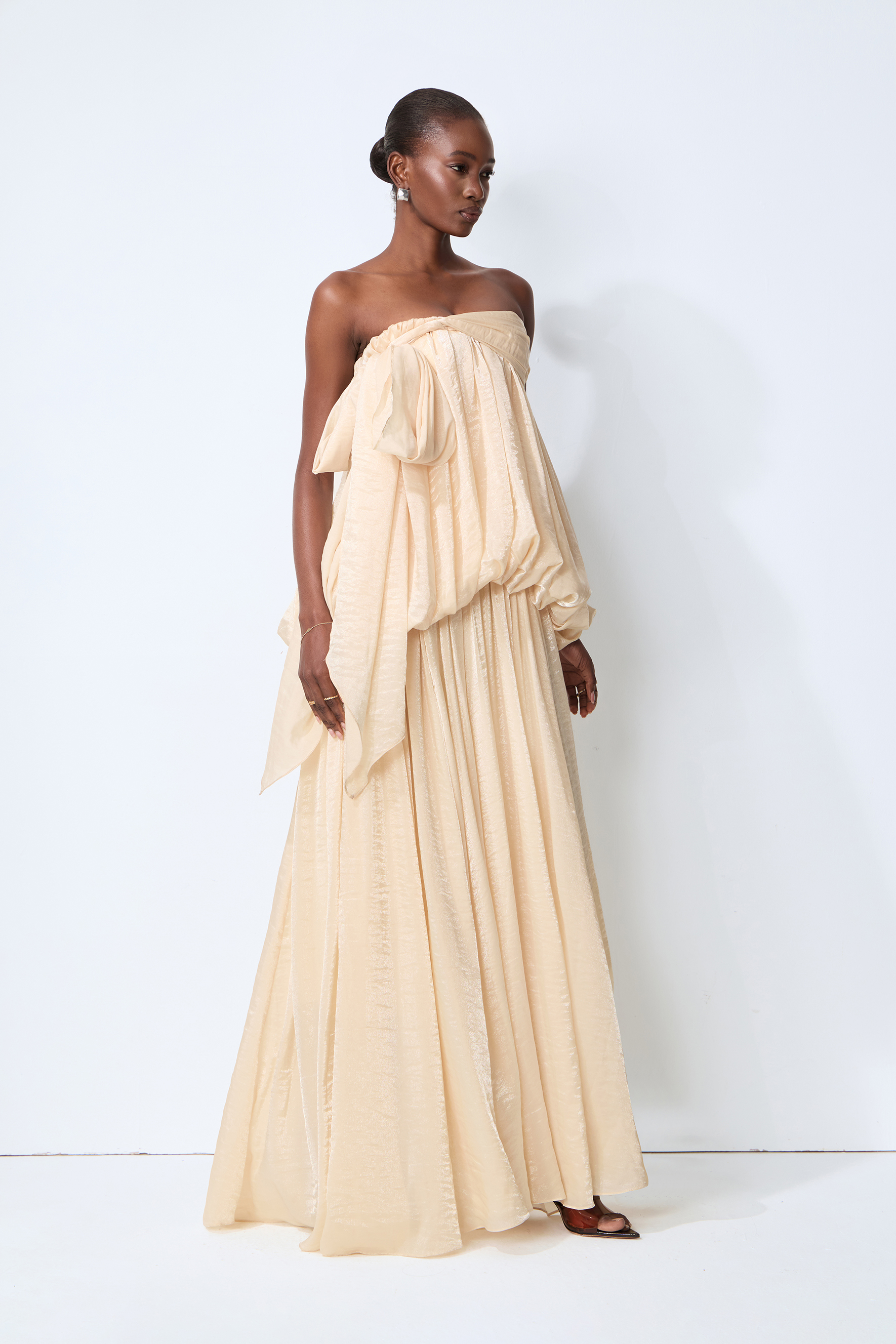 Soft Hours Beige Strapless Draped Bubble Maxi Dress