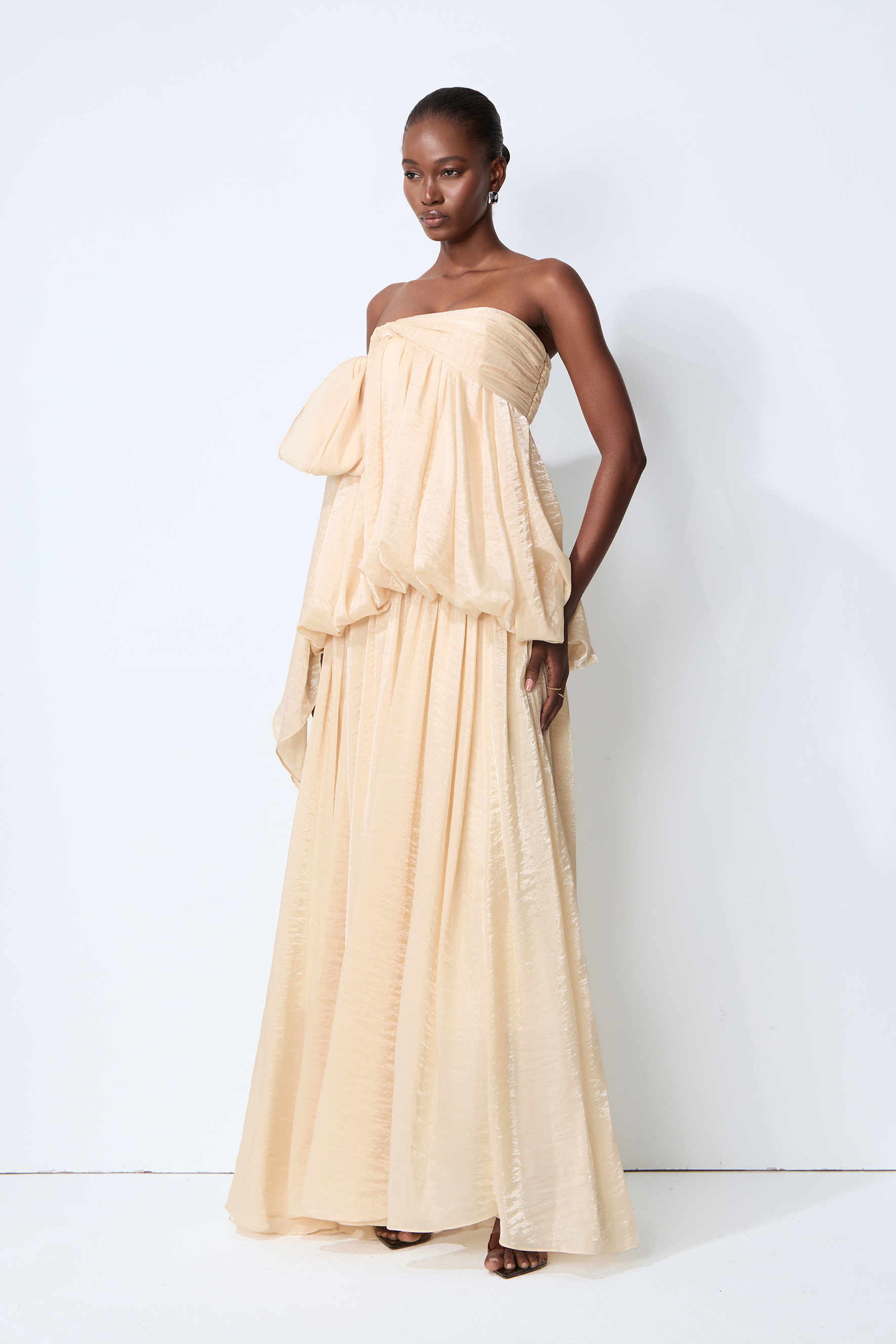 Soft Hours Beige Strapless Draped Bubble Maxi Dress