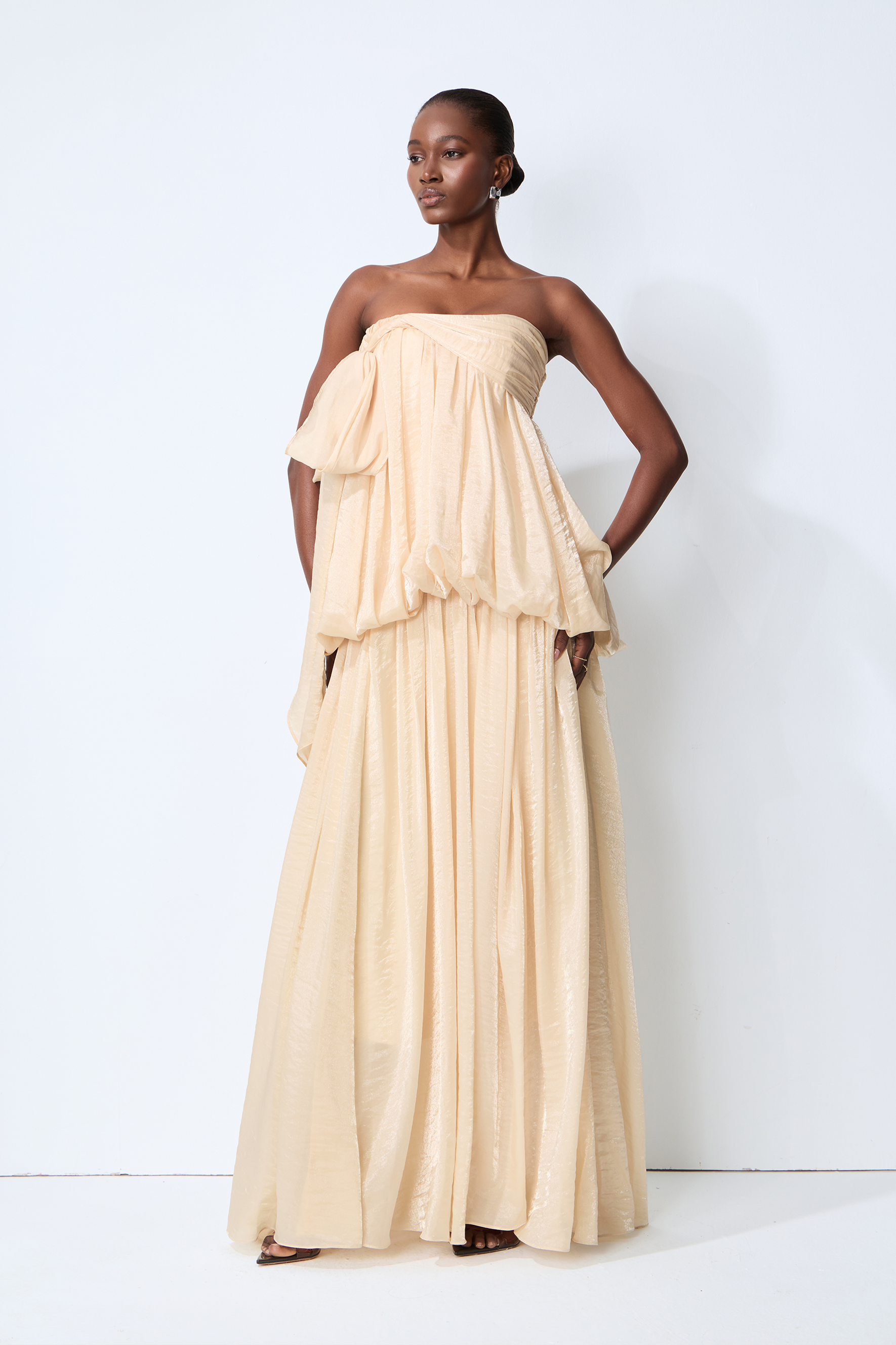 Soft Hours Beige Strapless Draped Bubble Maxi Dress