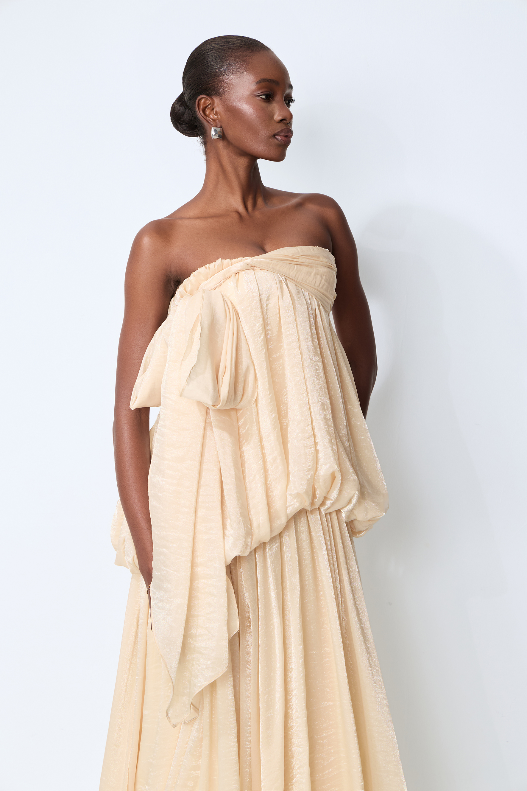 Soft Hours Beige Strapless Draped Bubble Maxi Dress