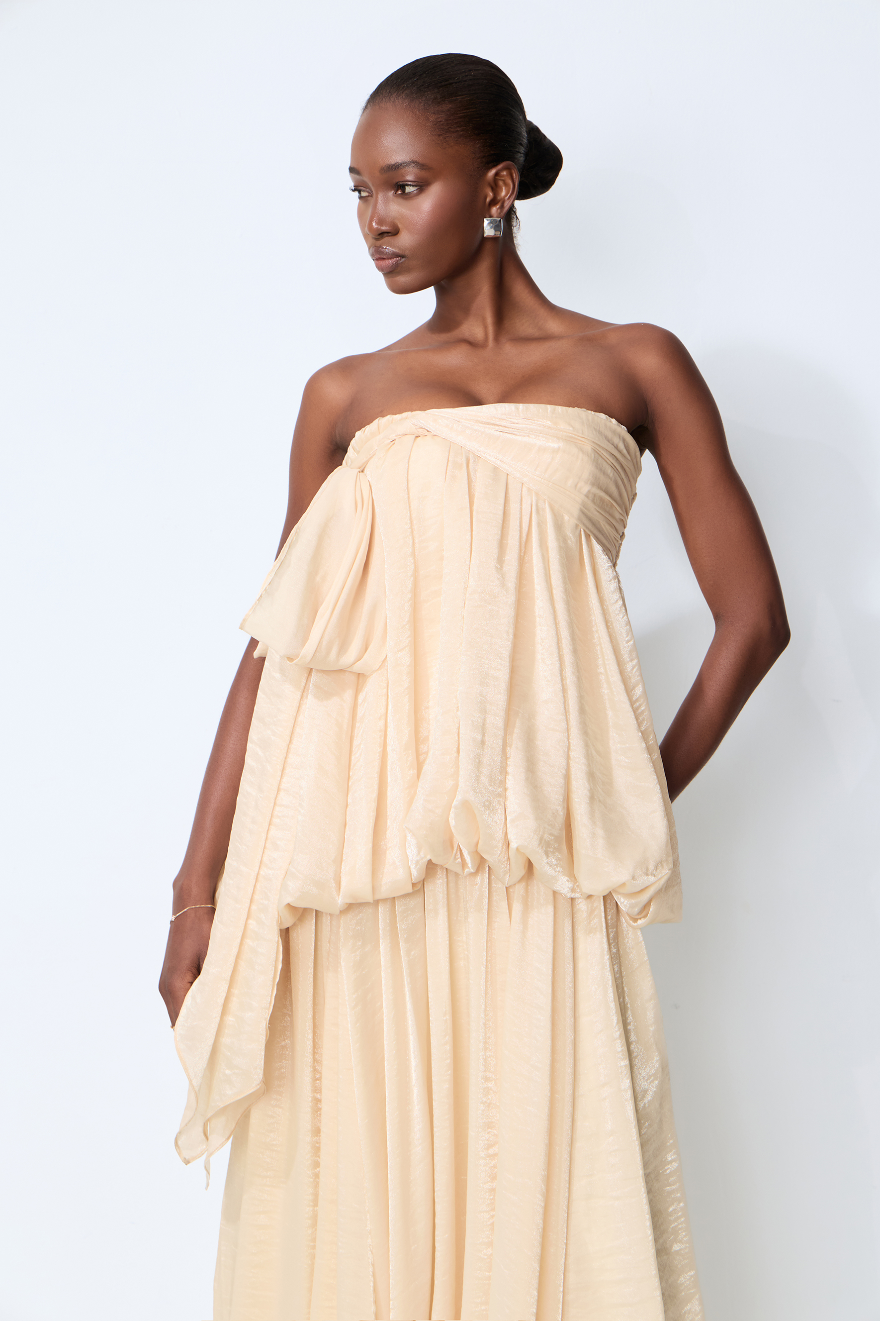 Soft Hours Beige Strapless Draped Bubble Maxi Dress
