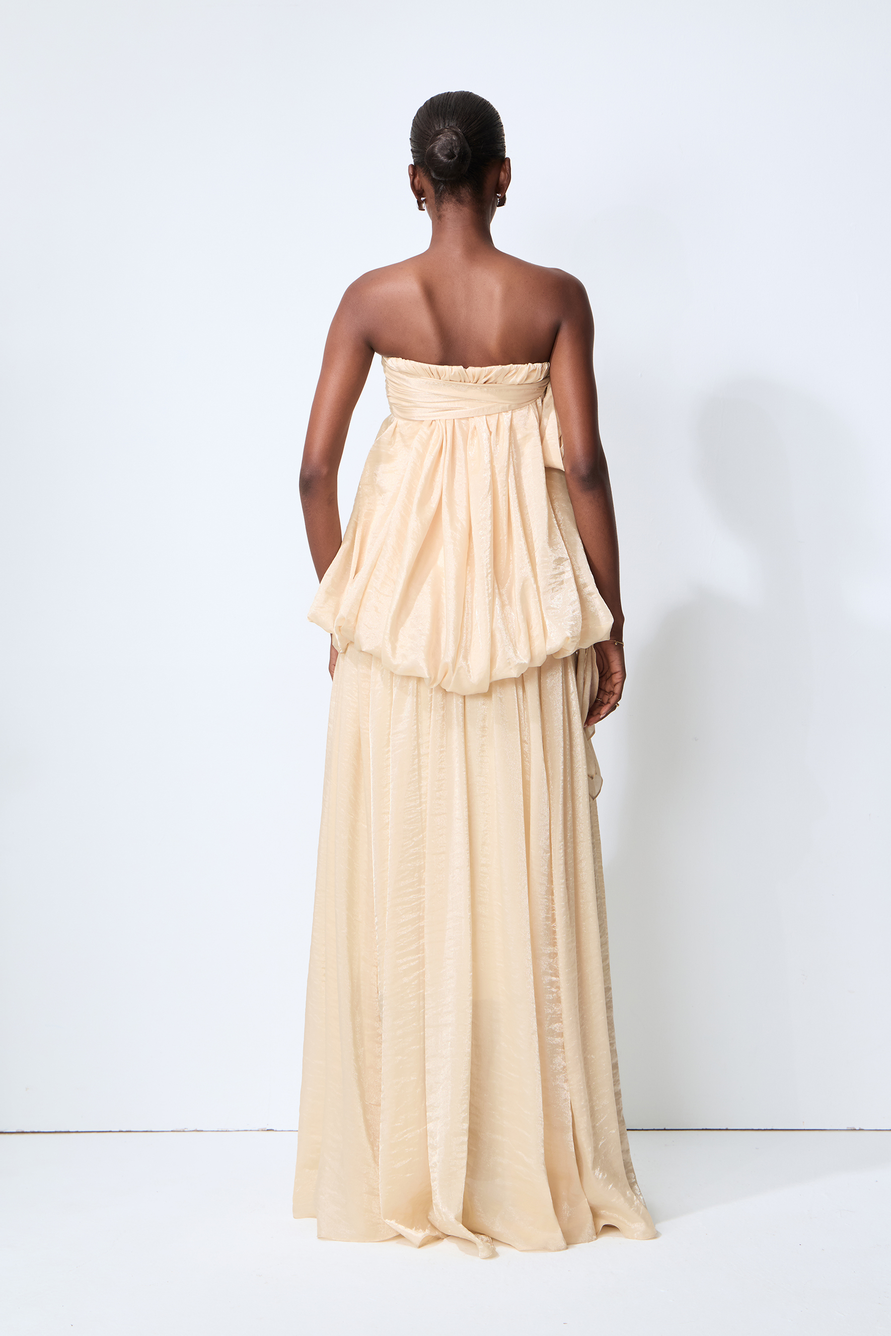 Soft Hours Beige Strapless Draped Bubble Maxi Dress