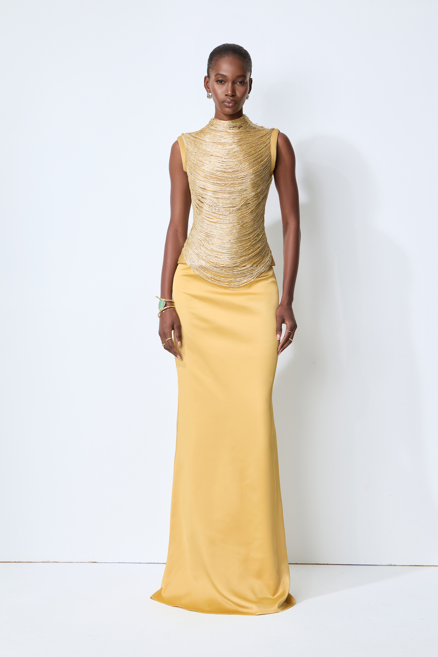 Captivating Personality Gold Sleeveless Fringe Top & Satin Skirt Set