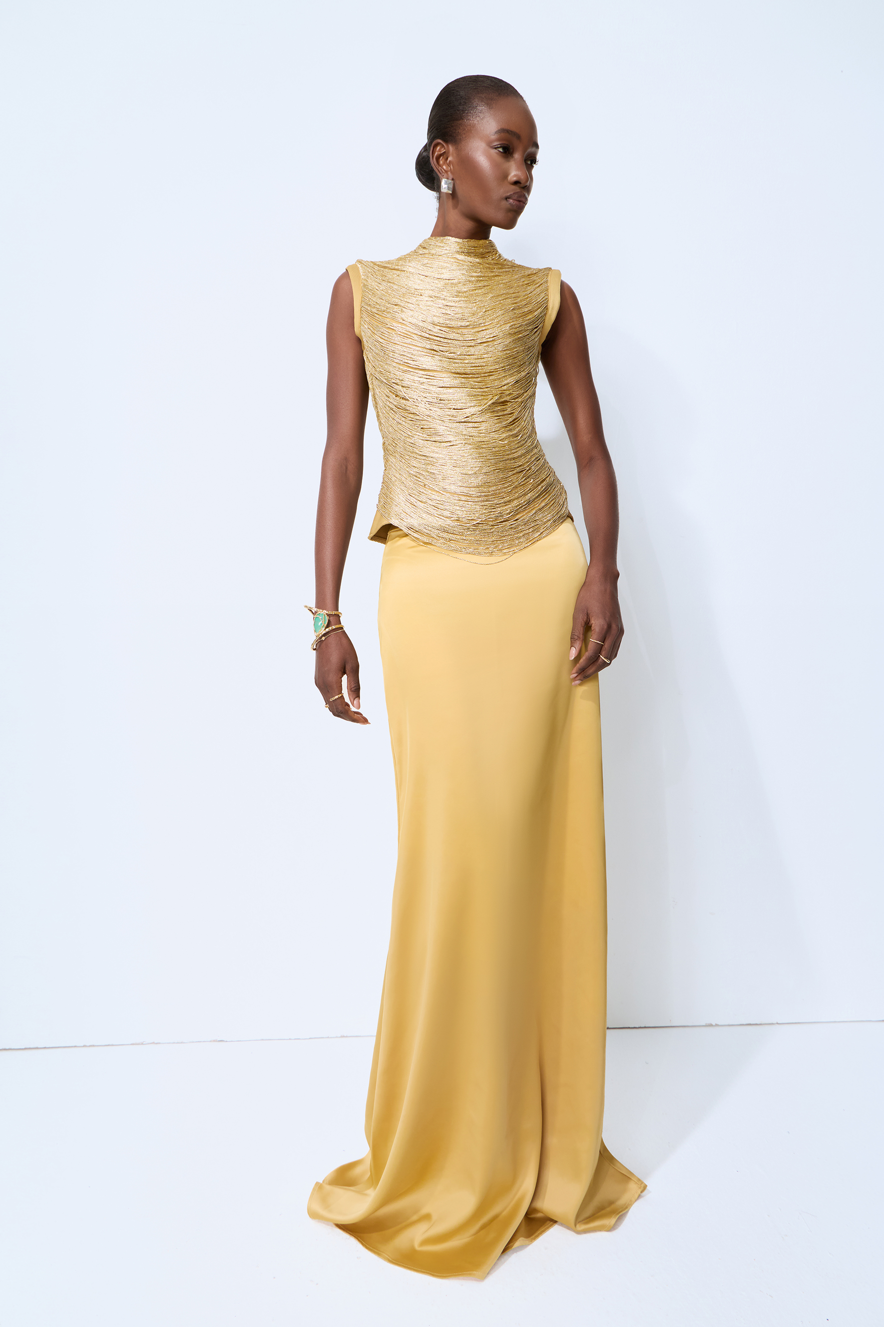 Captivating Personality Gold Sleeveless Fringe Top & Satin Skirt Set