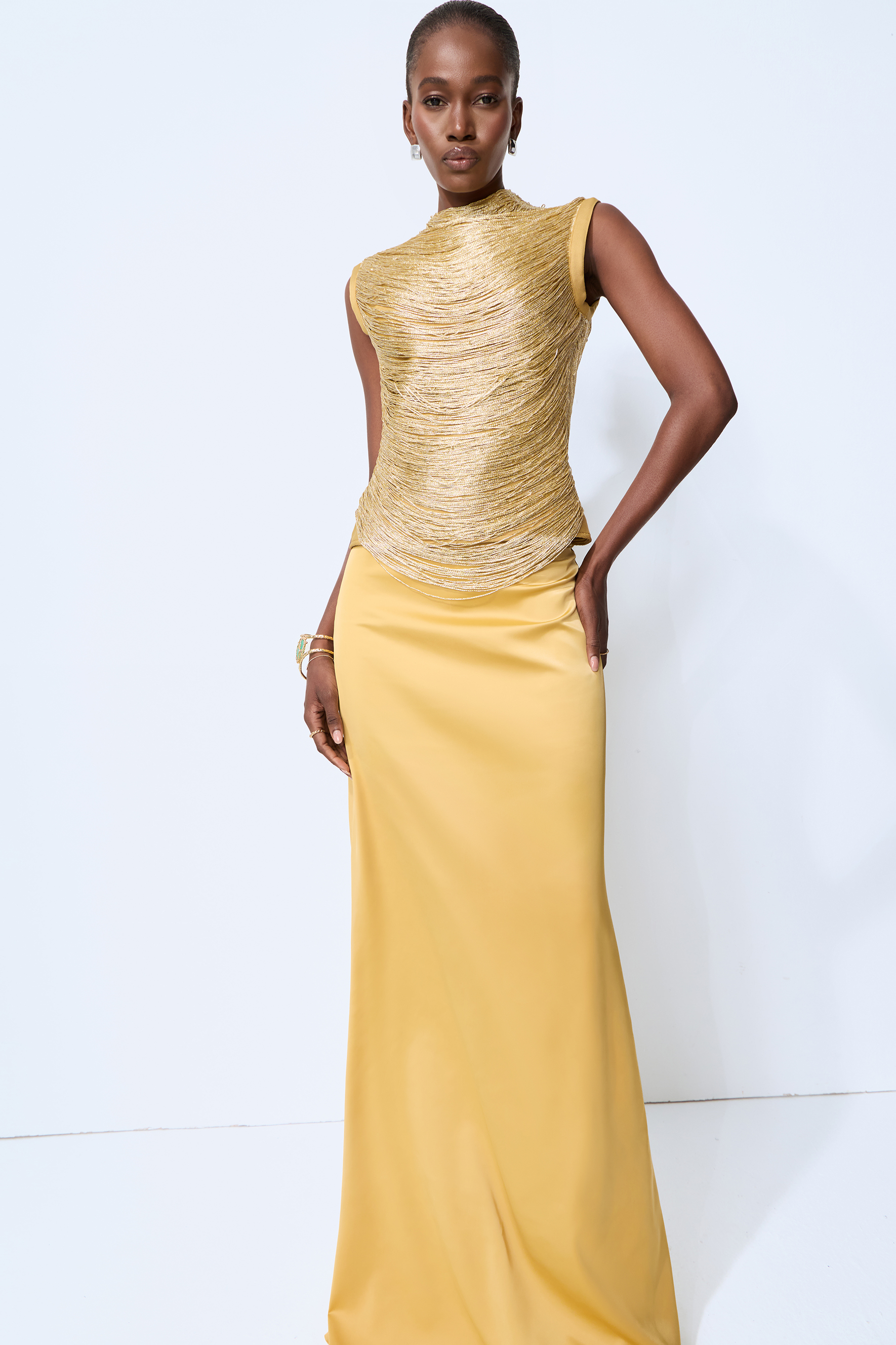 Captivating Personality Gold Sleeveless Fringe Top & Satin Skirt Set