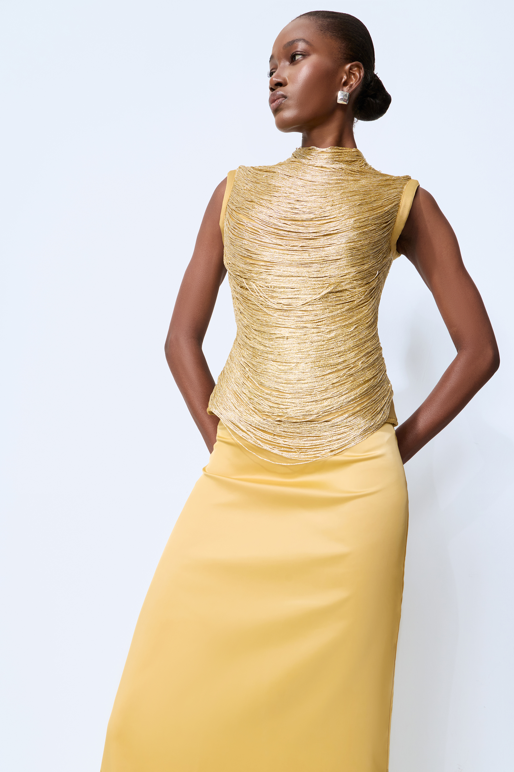 Captivating Personality Gold Sleeveless Fringe Top & Satin Skirt Set