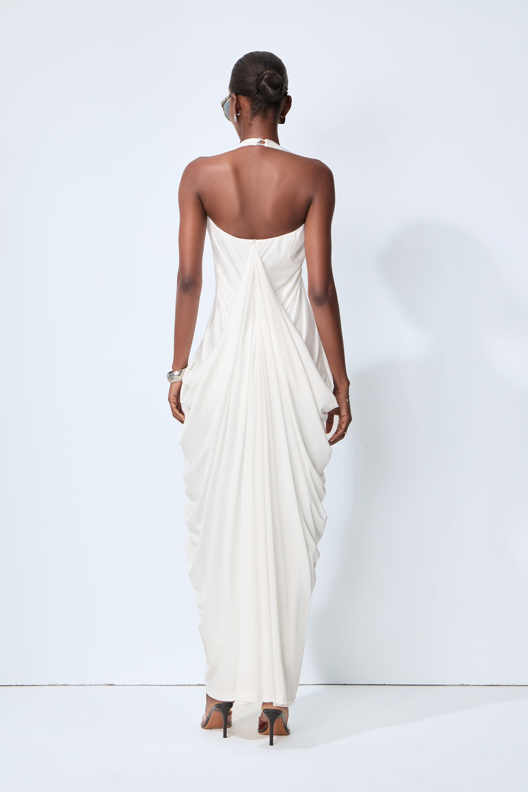 Timeless Attraction White Halter Neck Draped Maxi Dress