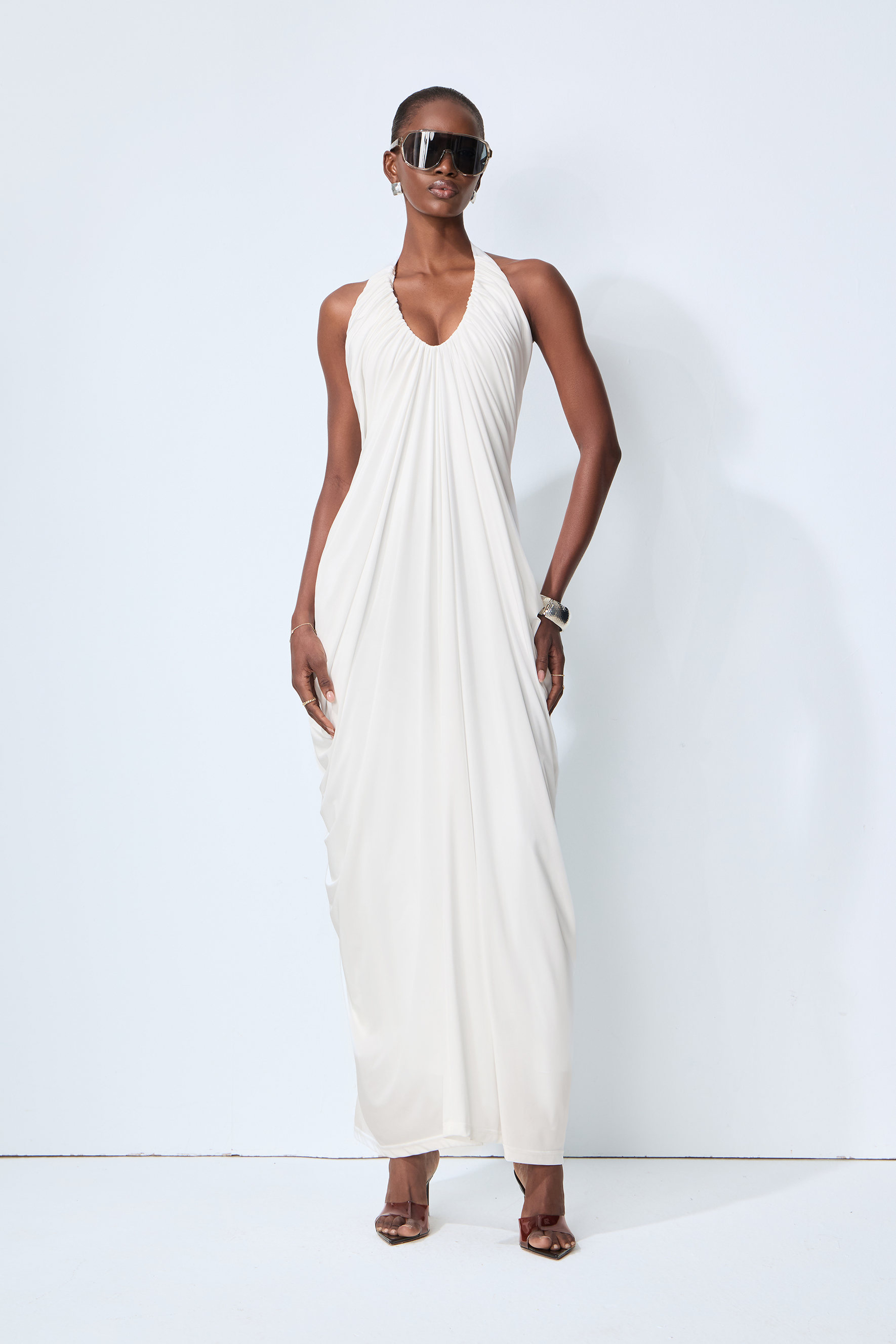 Timeless Attraction White Halter Neck Draped Maxi Dress