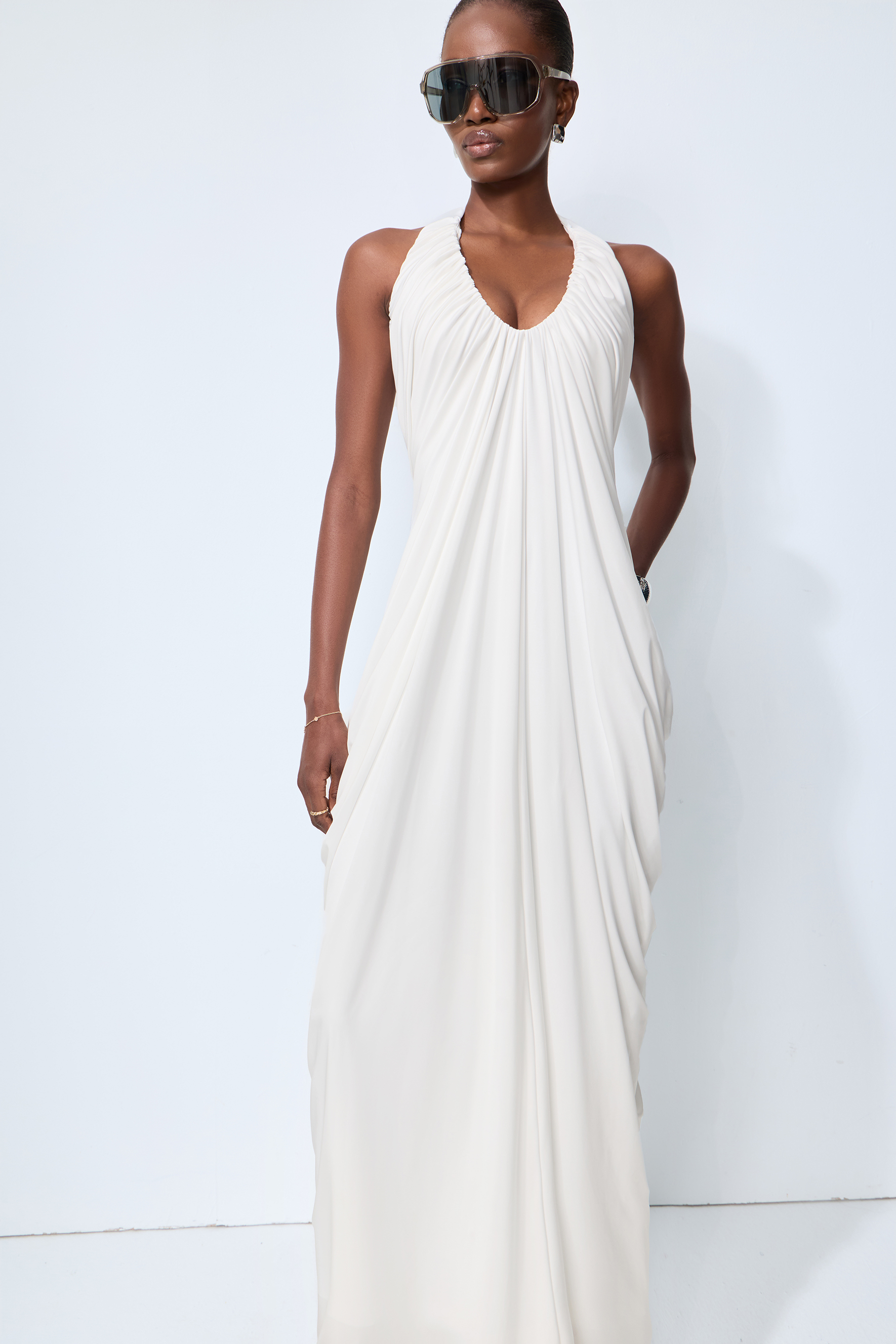 Timeless Attraction White Halter Neck Draped Maxi Dress