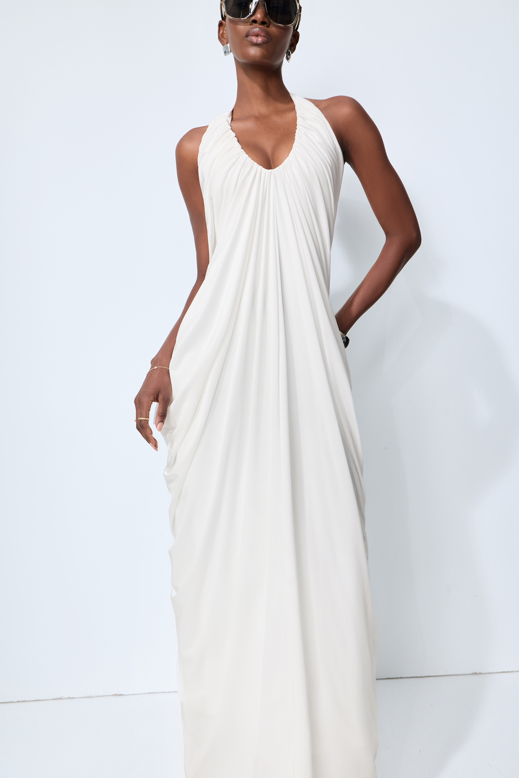Timeless Attraction White Halter Neck Draped Maxi Dress