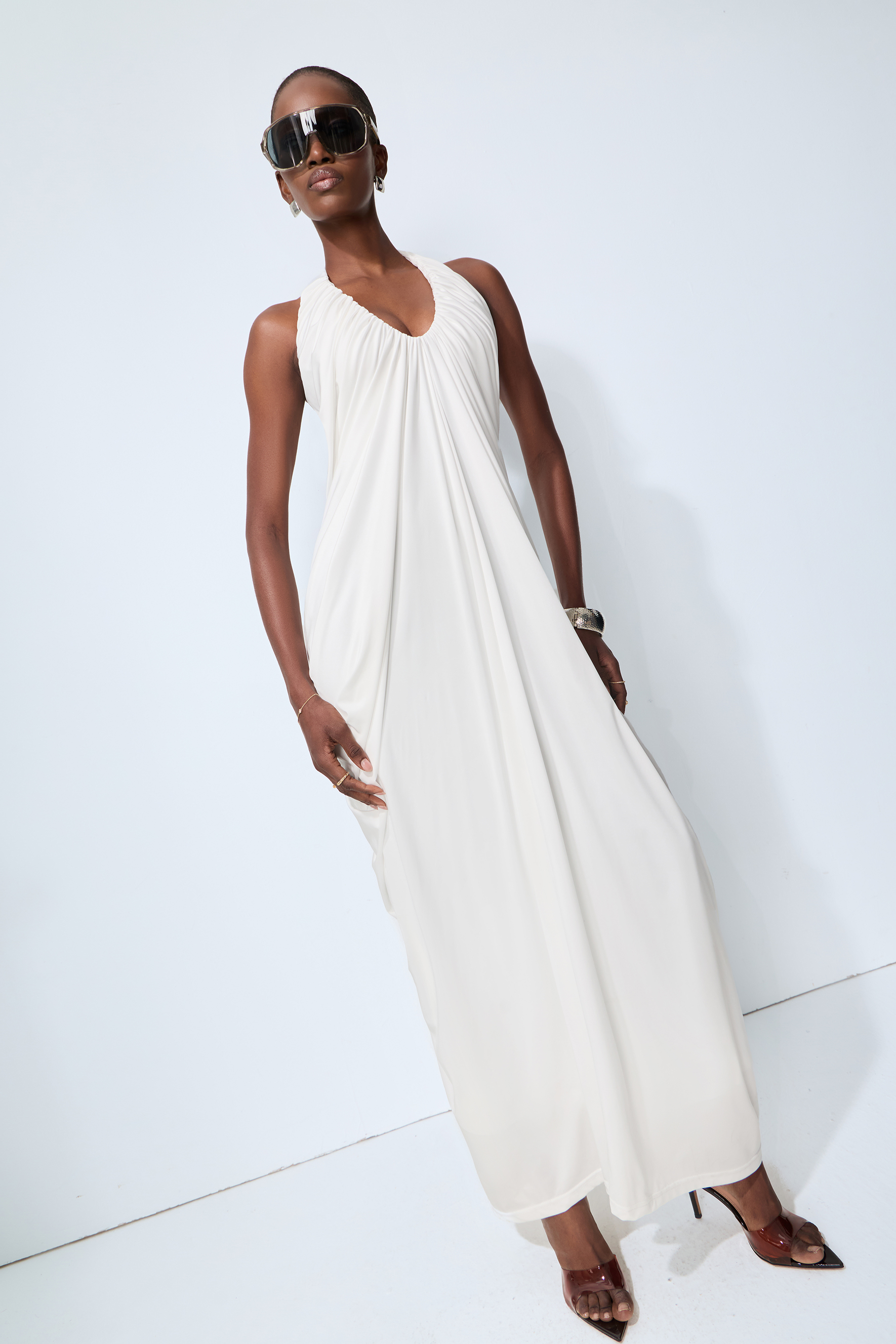Timeless Attraction White Halter Neck Draped Maxi Dress