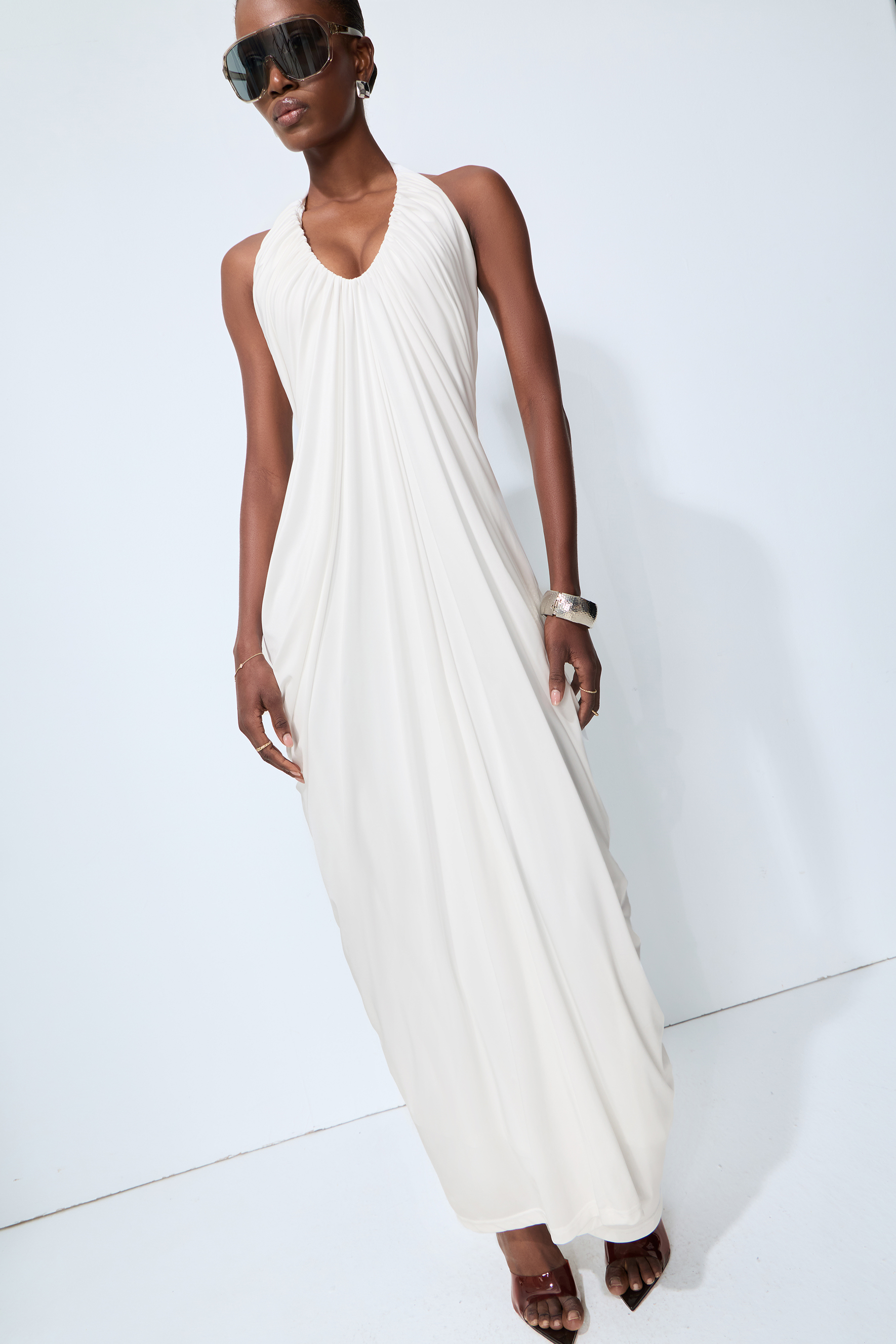 Timeless Attraction White Halter Neck Draped Maxi Dress