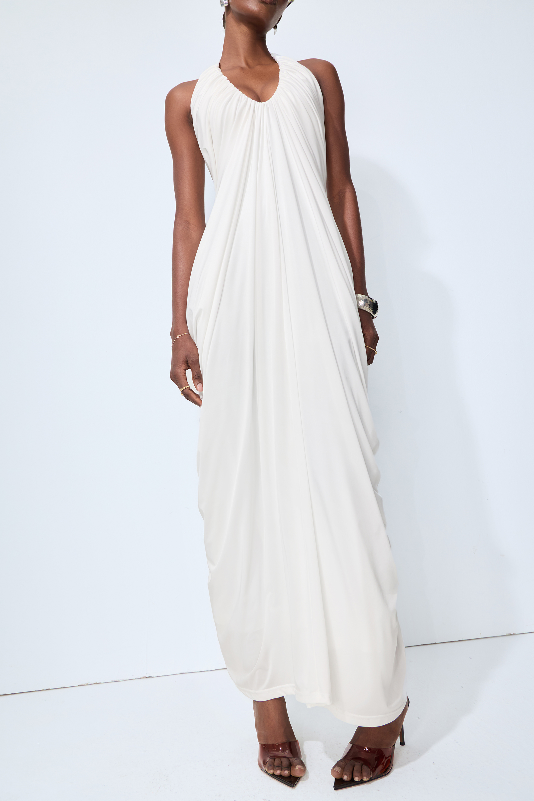 Timeless Attraction White Halter Neck Draped Maxi Dress