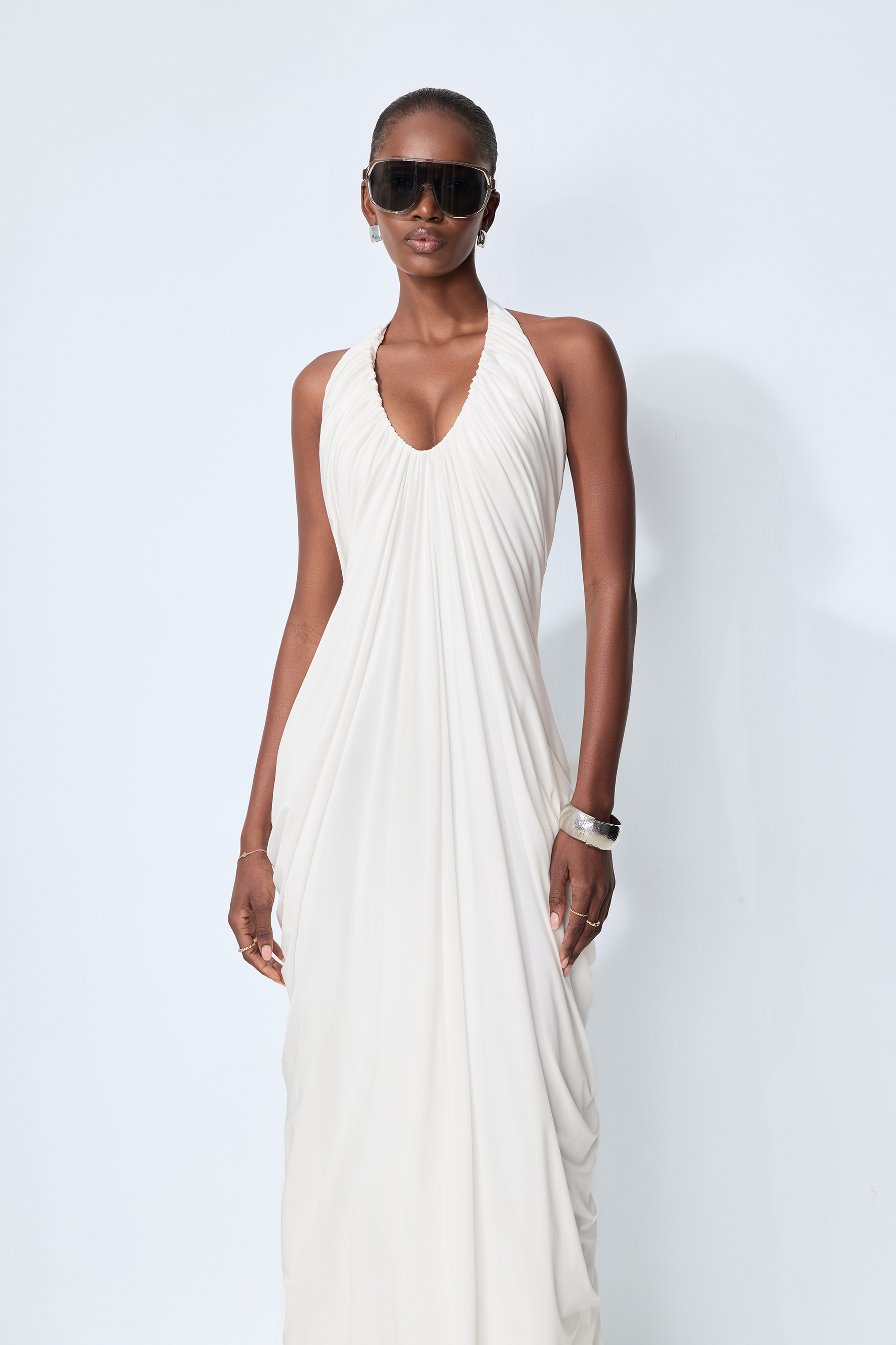 Timeless Attraction White Halter Neck Draped Maxi Dress