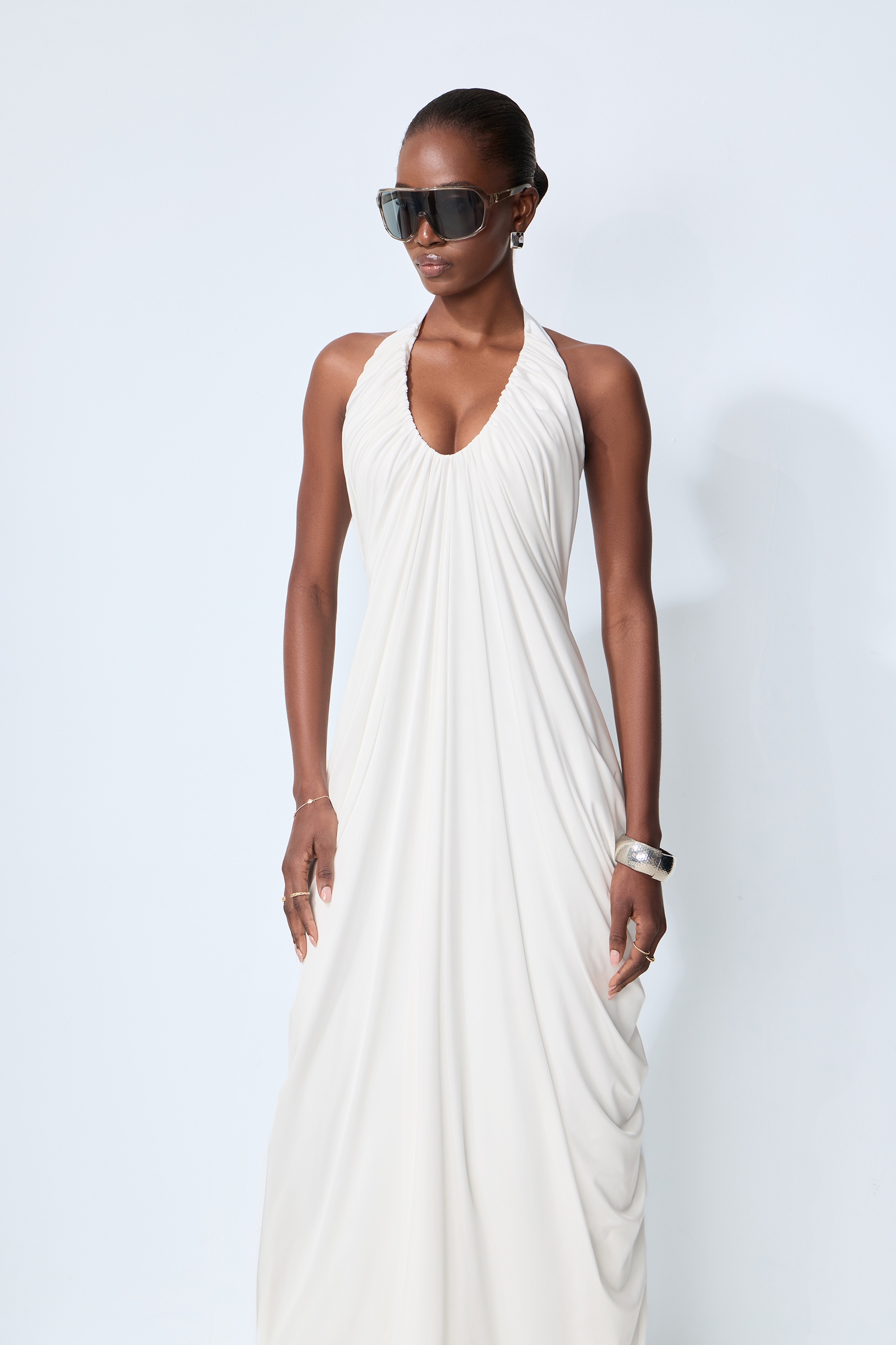 Timeless Attraction White Halter Neck Draped Maxi Dress