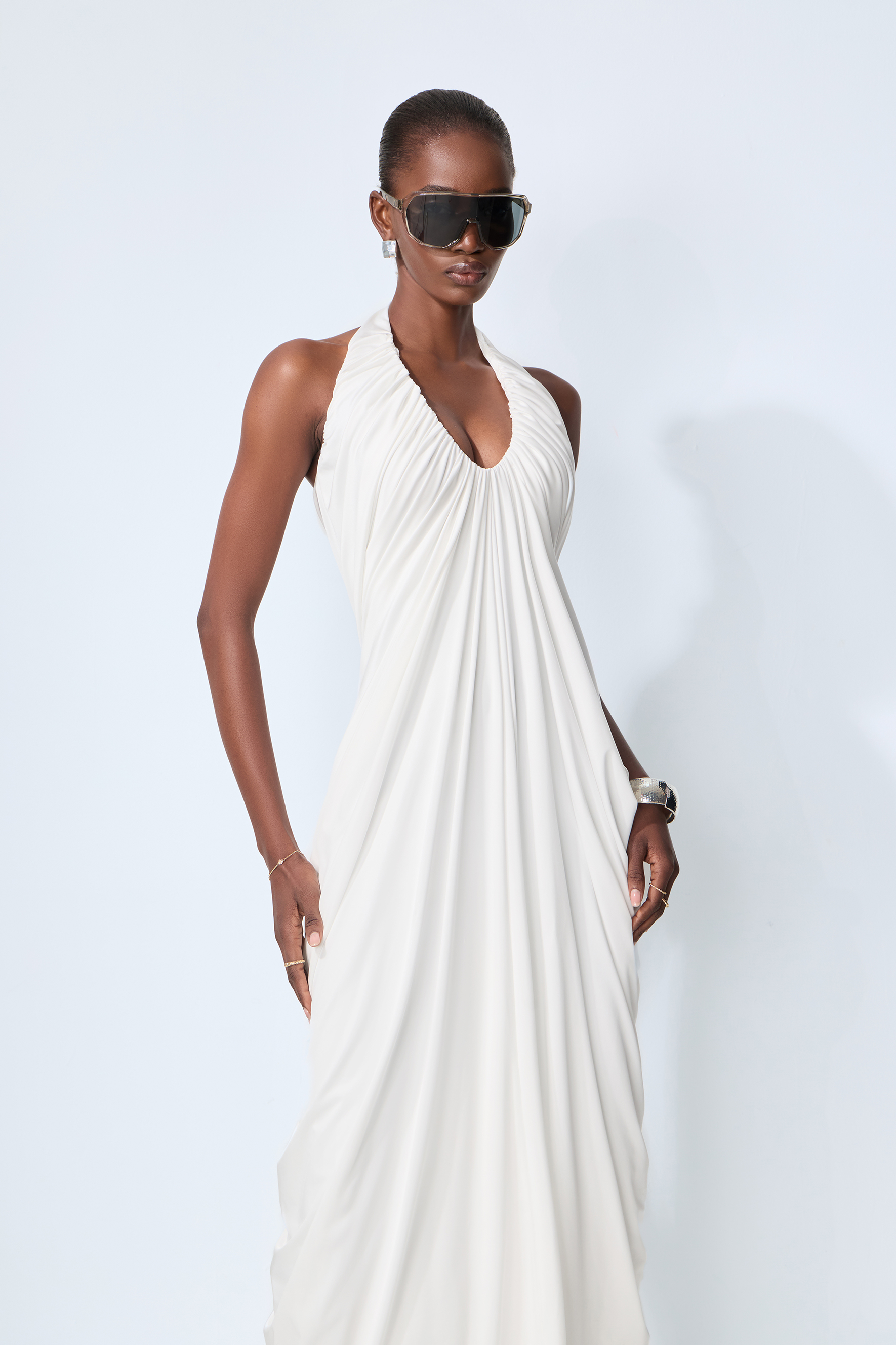 Timeless Attraction White Halter Neck Draped Maxi Dress