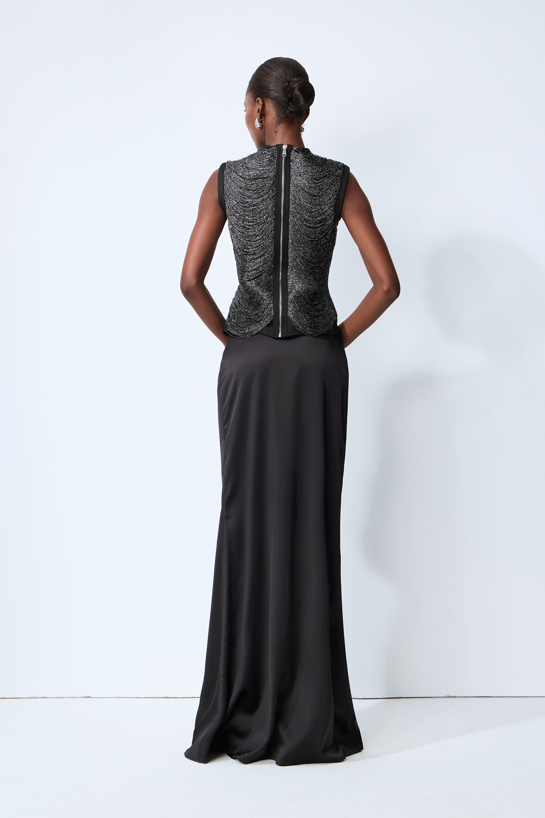 Captivating Personality Black Sleeveless Fringe Top & Satin Skirt Set
