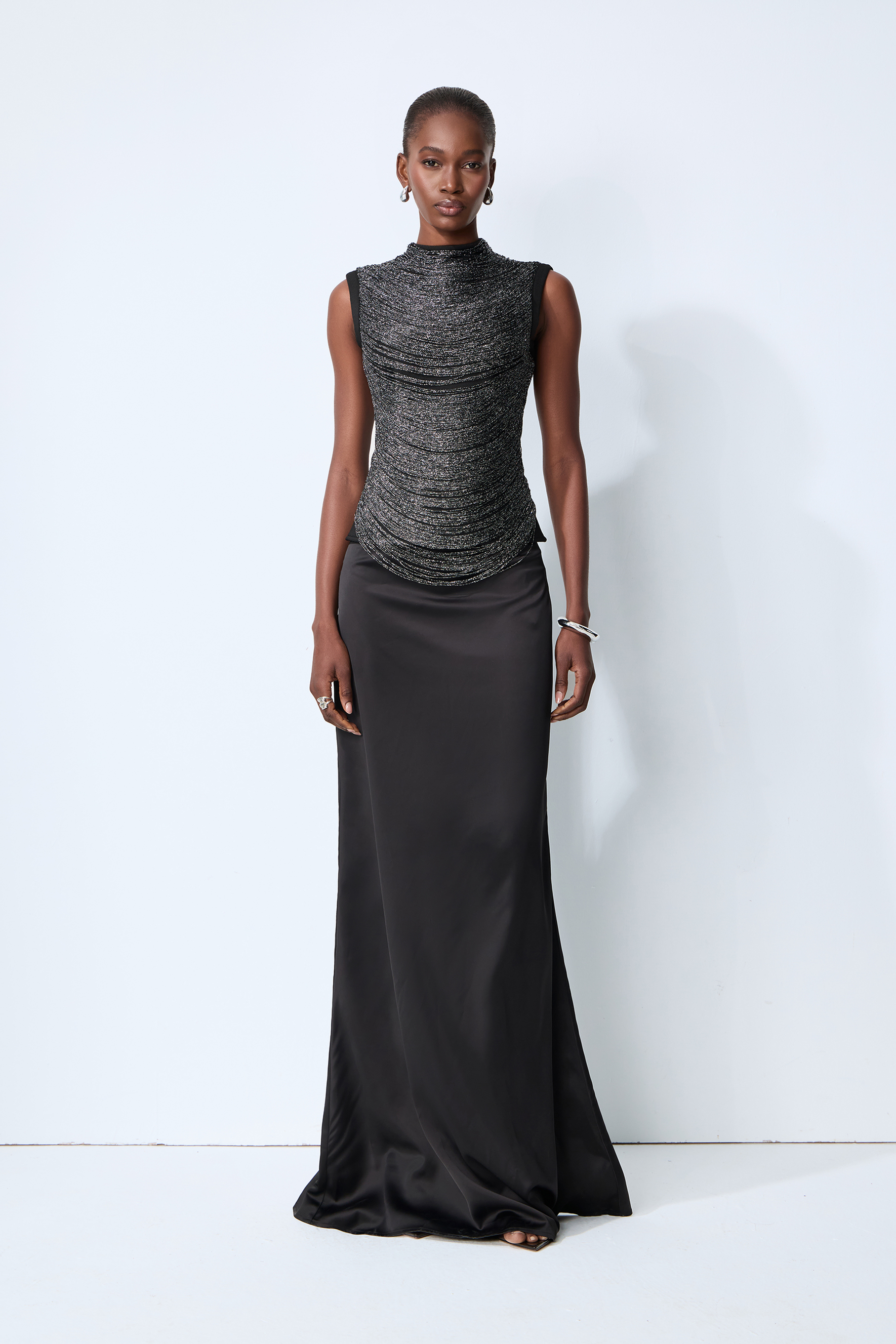Captivating Personality Black Sleeveless Fringe Top & Satin Skirt Set