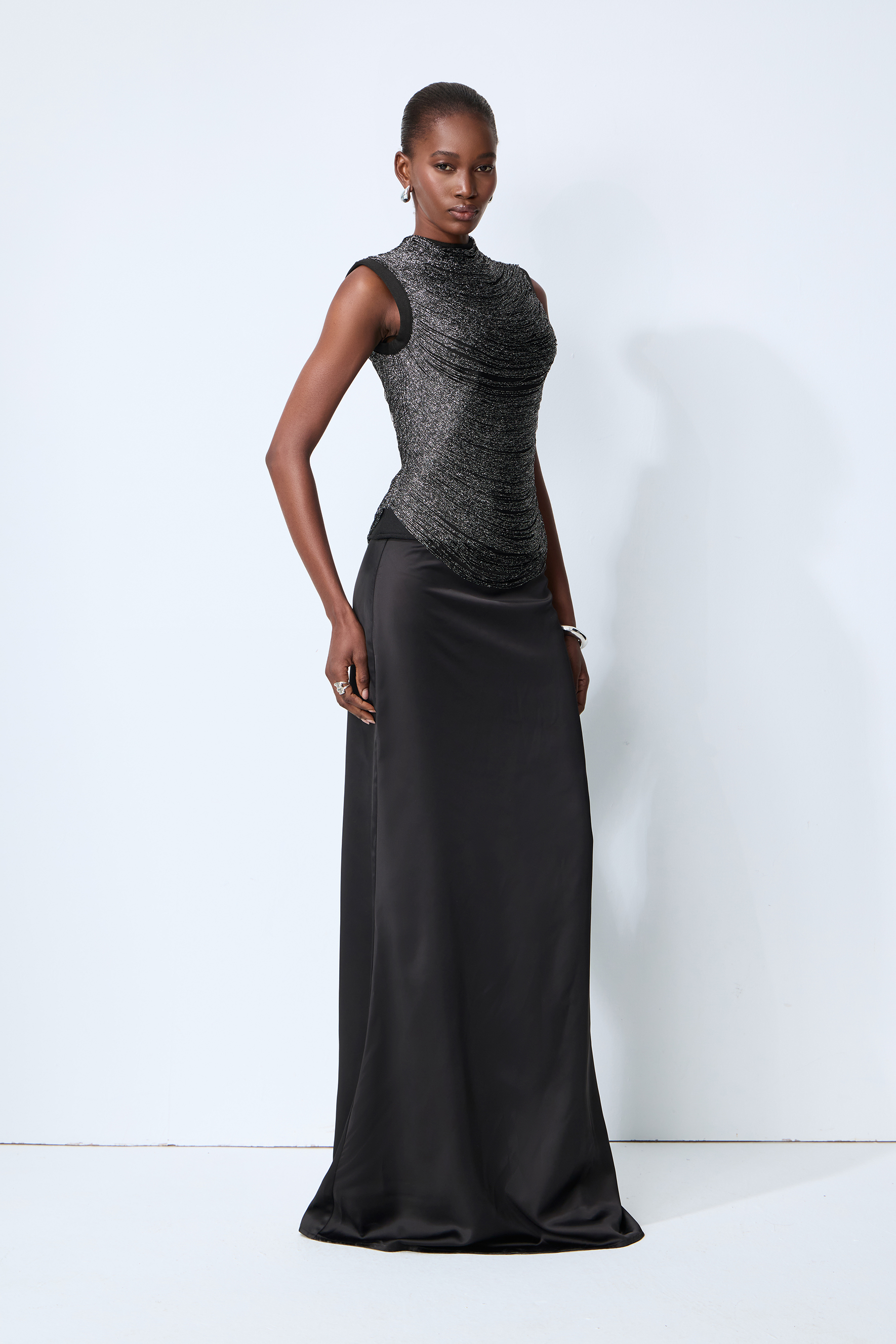 Captivating Personality Black Sleeveless Fringe Top & Satin Skirt Set