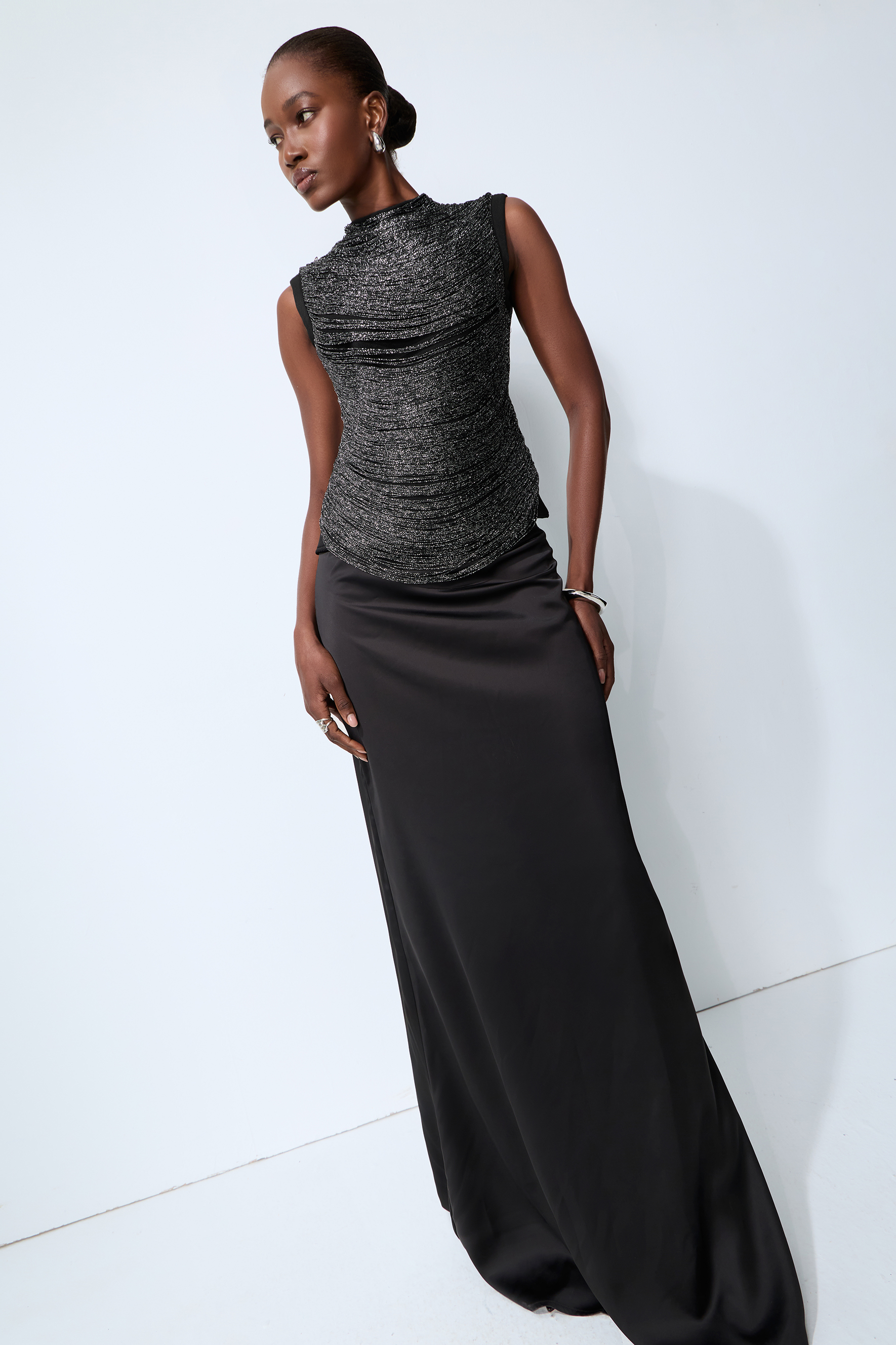 Captivating Personality Black Sleeveless Fringe Top & Satin Skirt Set