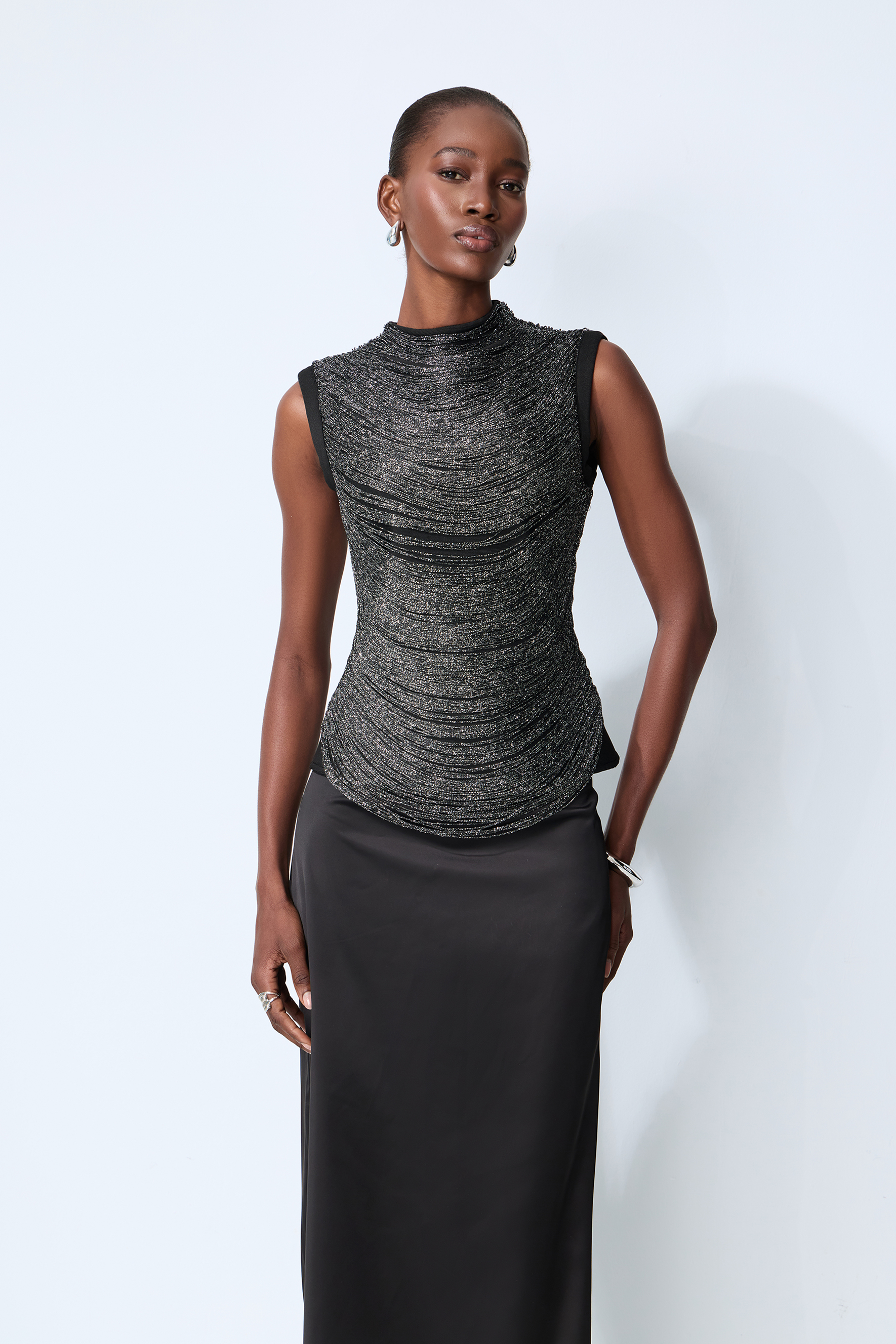 Captivating Personality Black Sleeveless Fringe Top & Satin Skirt Set