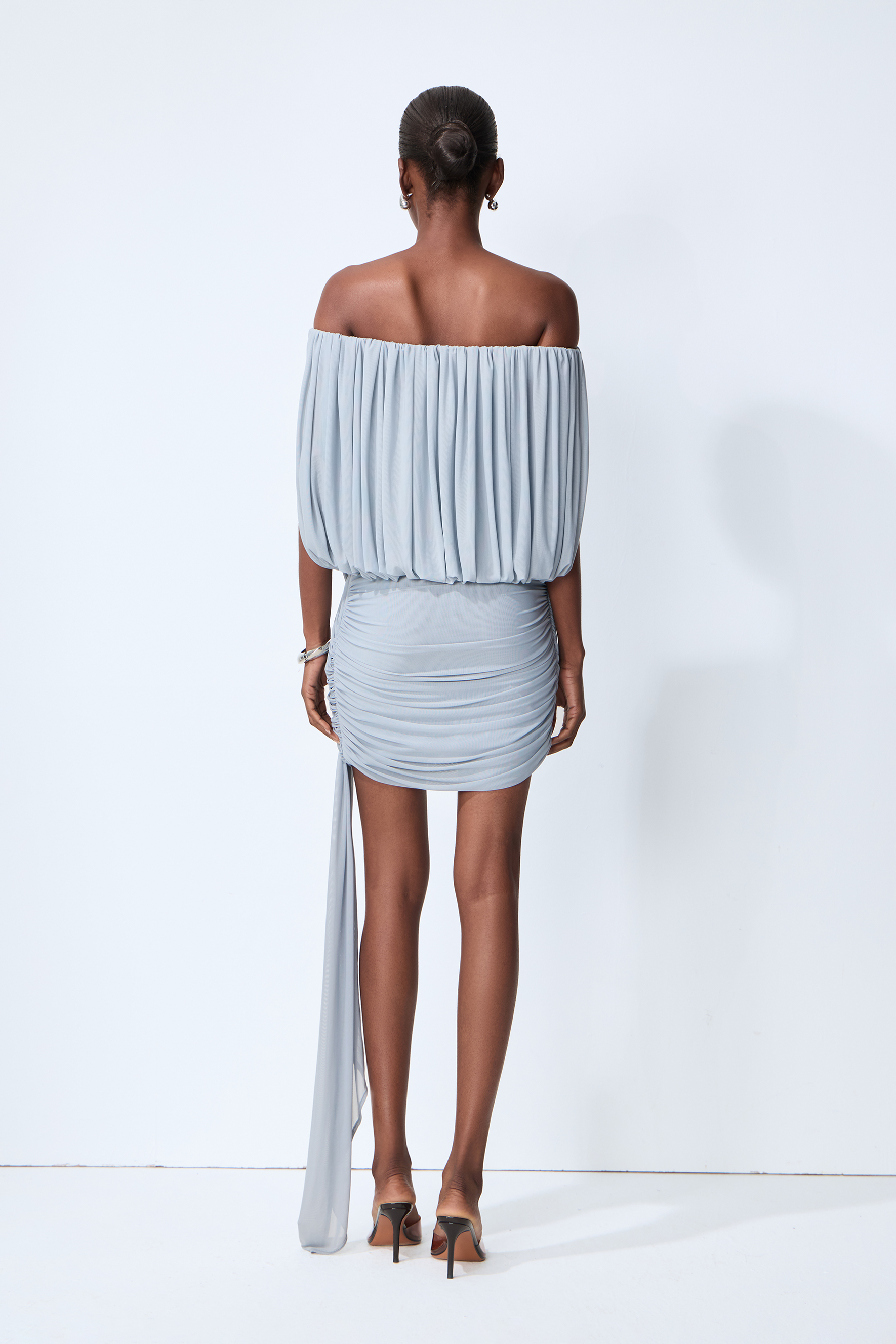 Lights Down Low Blue Off Shoulder Ruched Mini Dress