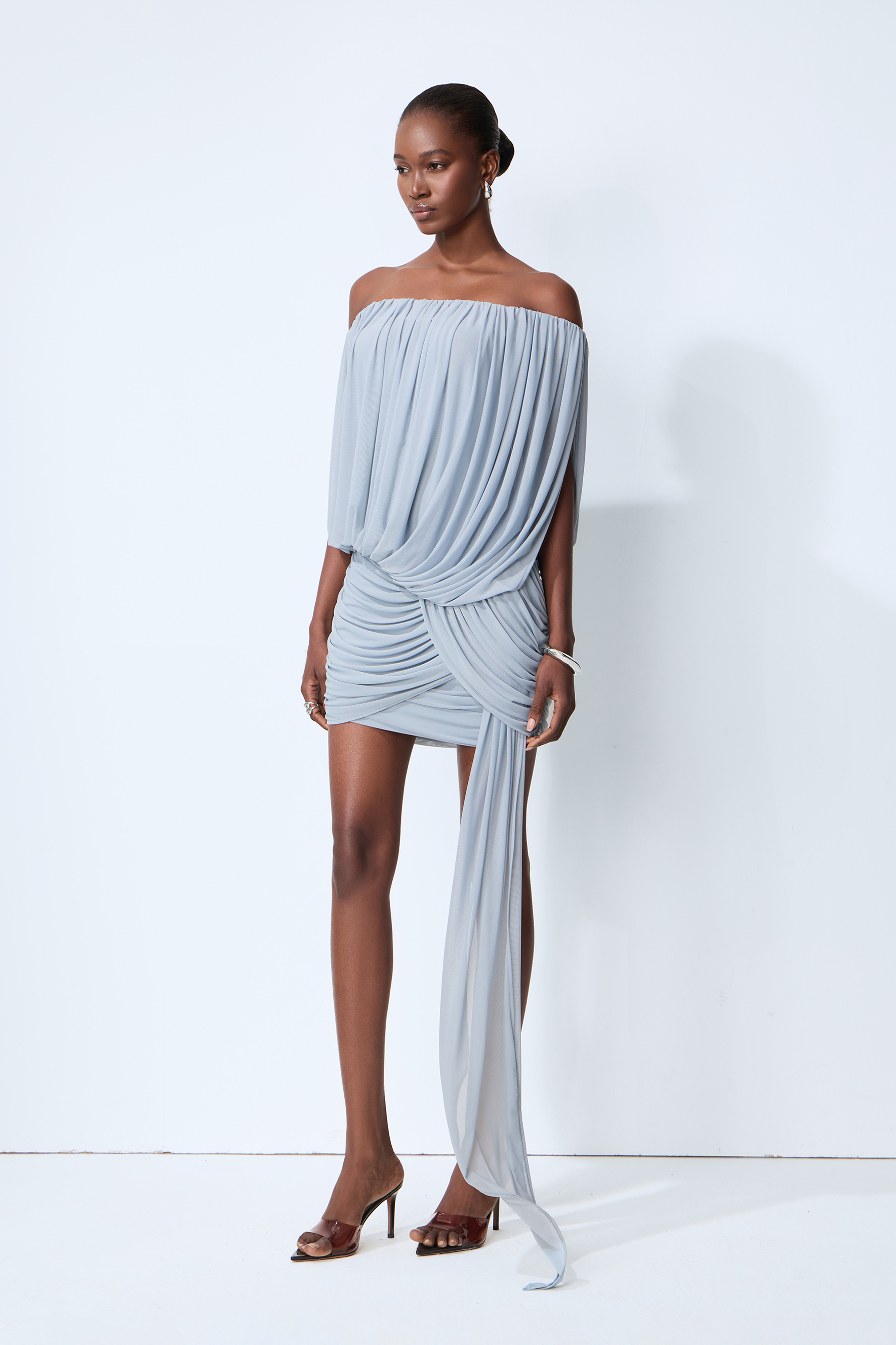 Lights Down Low Blue Off Shoulder Ruched Mini Dress