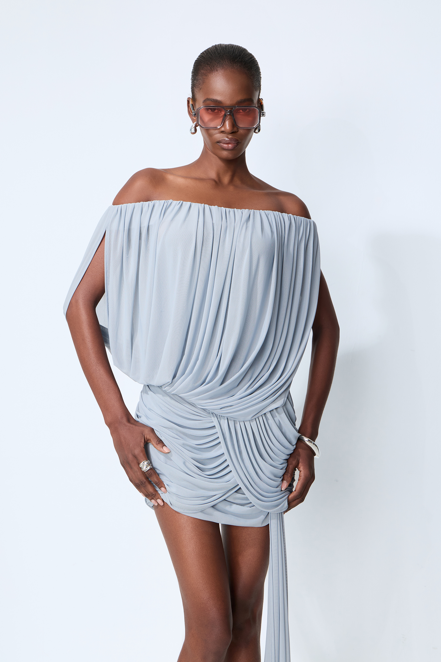 Lights Down Low Blue Off Shoulder Ruched Mini Dress