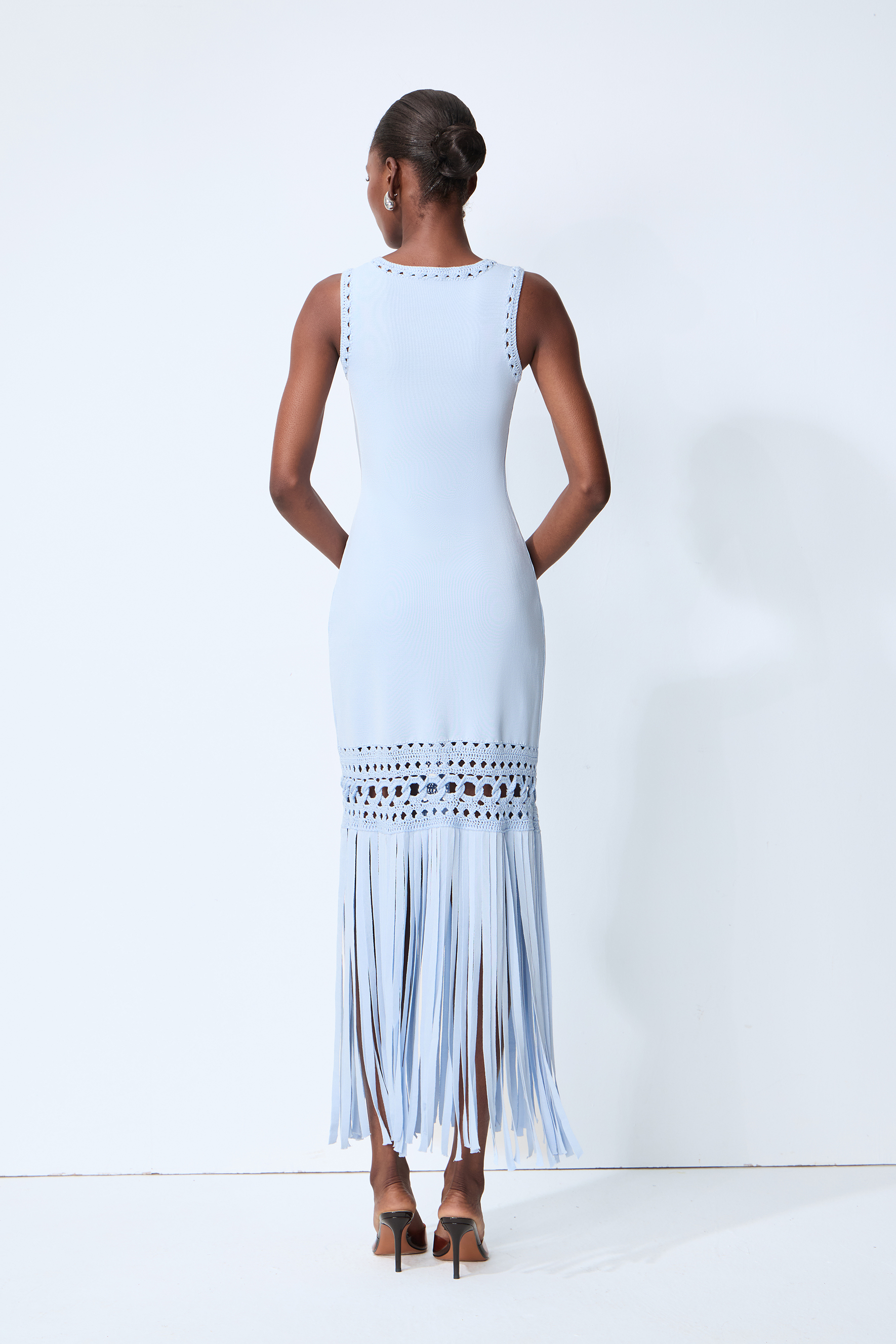 Sunwoven Stories Blue Sleeveless Crochet Fringe Maxi Dress