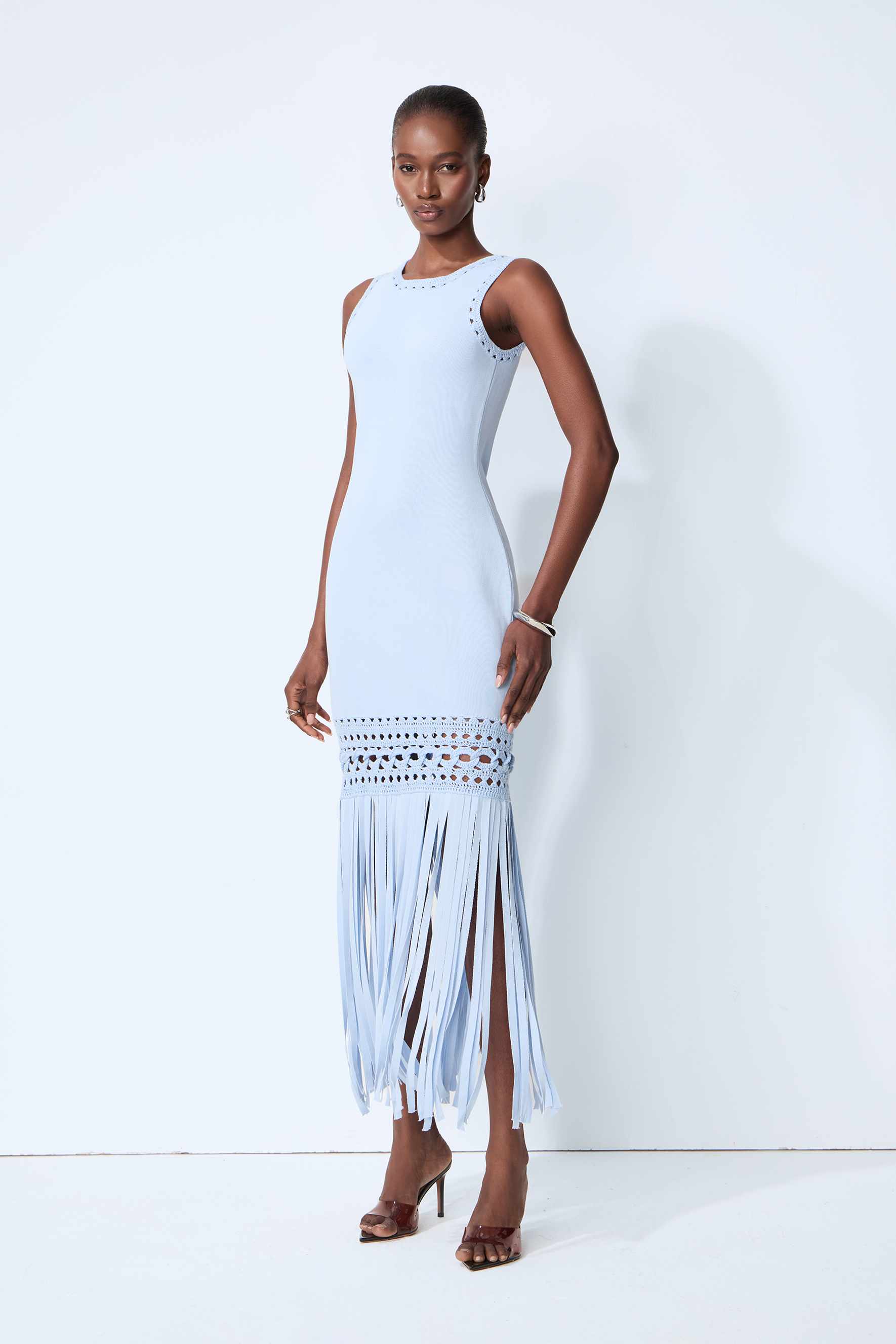 Sunwoven Stories Blue Sleeveless Crochet Fringe Maxi Dress