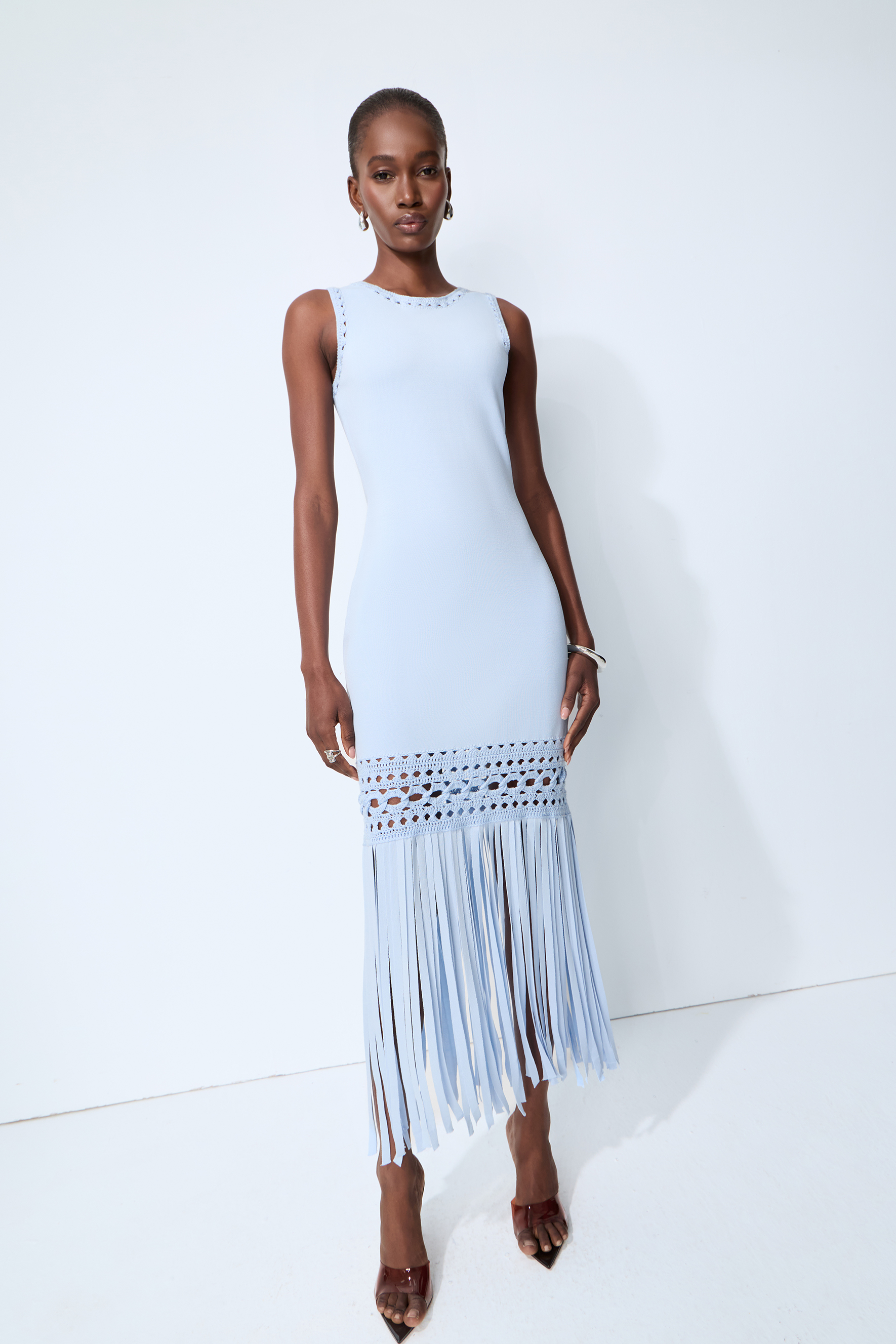 Sunwoven Stories Blue Sleeveless Crochet Fringe Maxi Dress