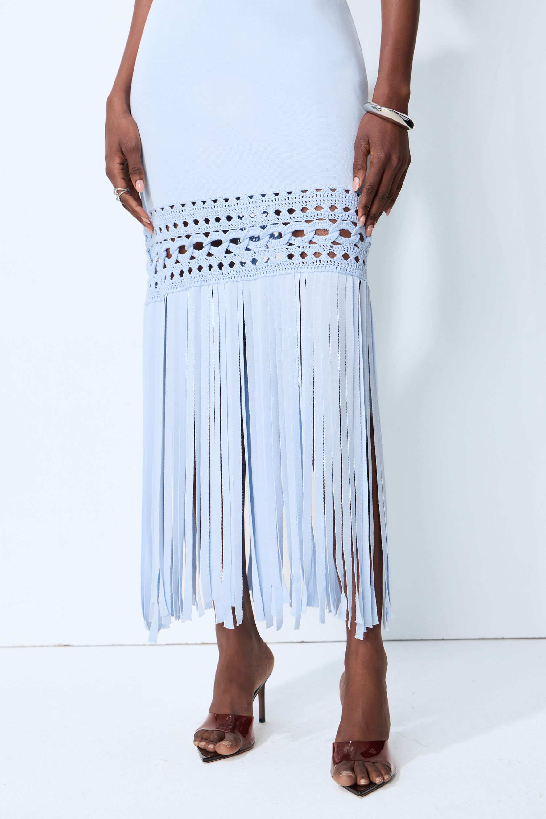 Sunwoven Stories Blue Sleeveless Crochet Fringe Maxi Dress