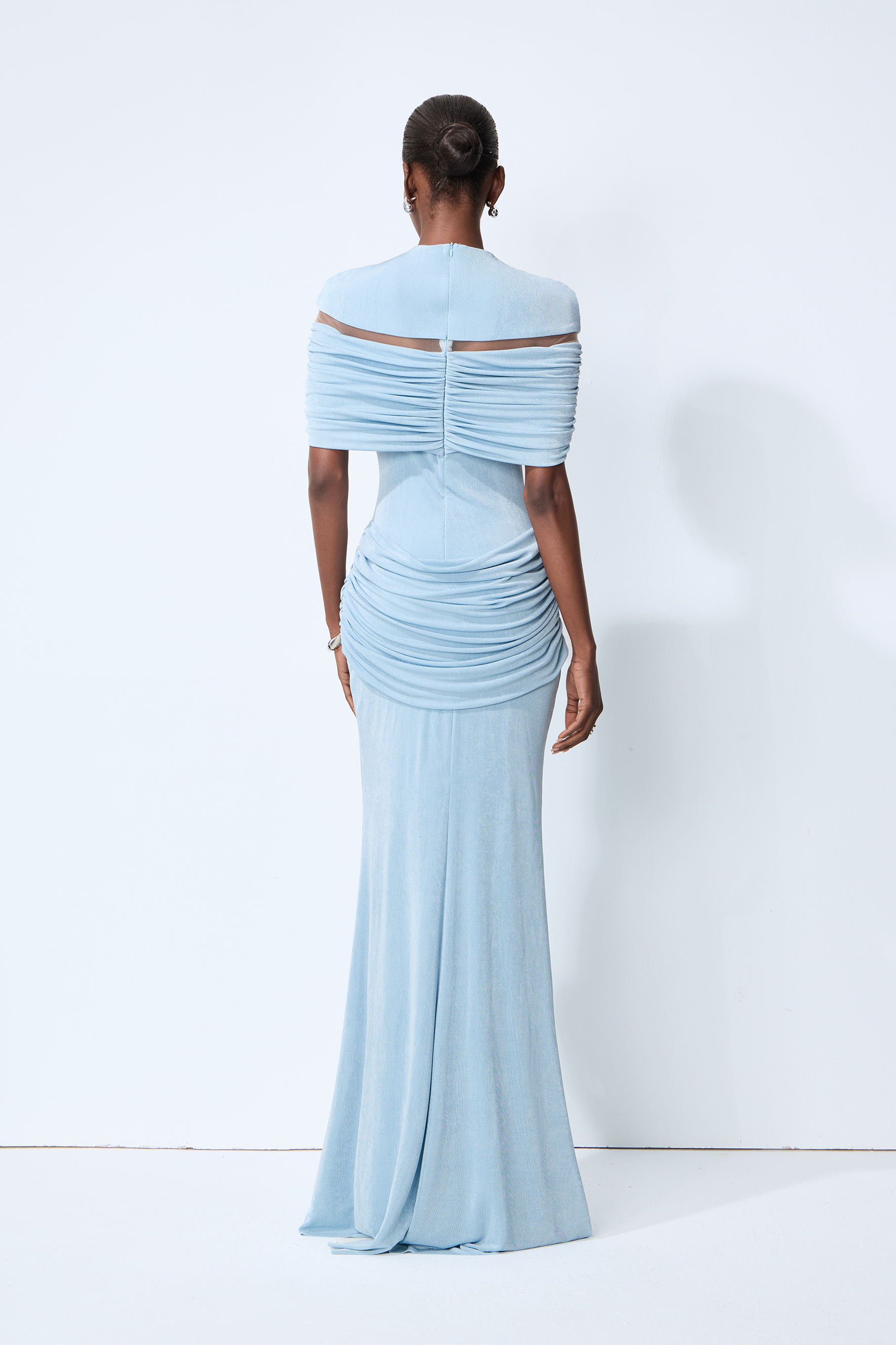 Softly Beautiful Blue Off Shoulder Ruched Cape Sleeve Maxi Dress