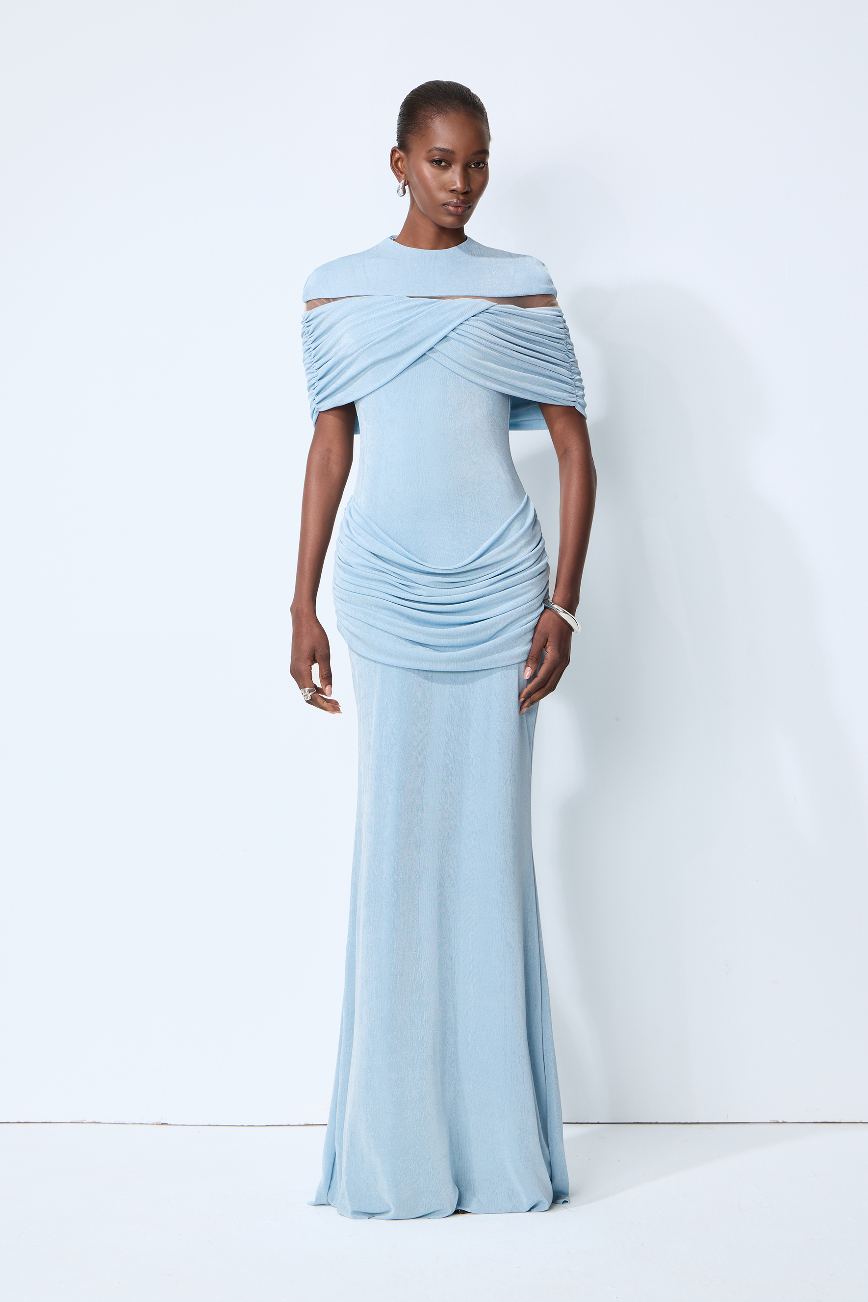 Softly Beautiful Blue Off Shoulder Ruched Cape Sleeve Maxi Dress