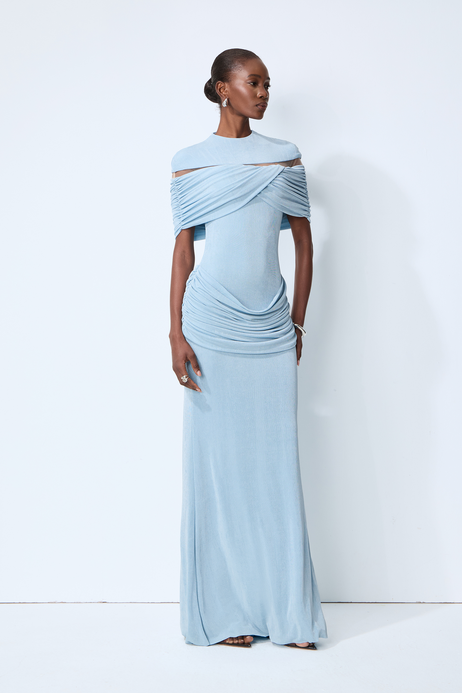Softly Beautiful Blue Off Shoulder Ruched Cape Sleeve Maxi Dress