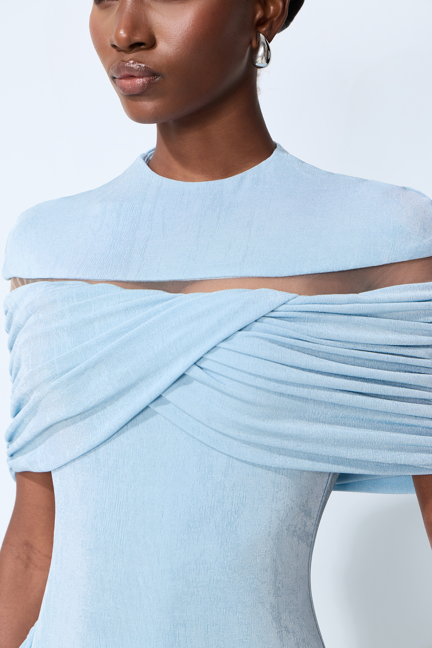 Softly Beautiful Blue Off Shoulder Ruched Cape Sleeve Maxi Dress