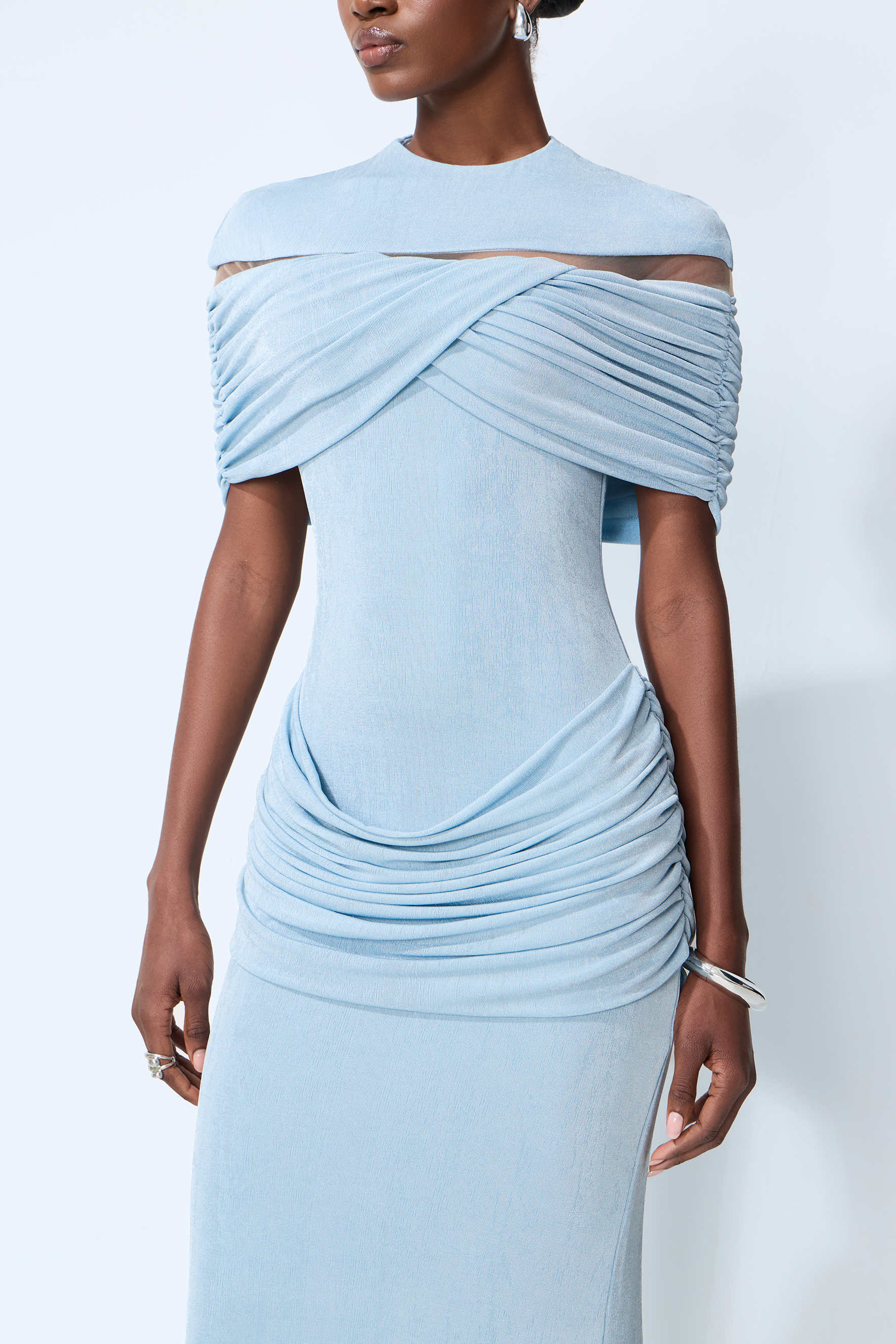Softly Beautiful Blue Off Shoulder Ruched Cape Sleeve Maxi Dress