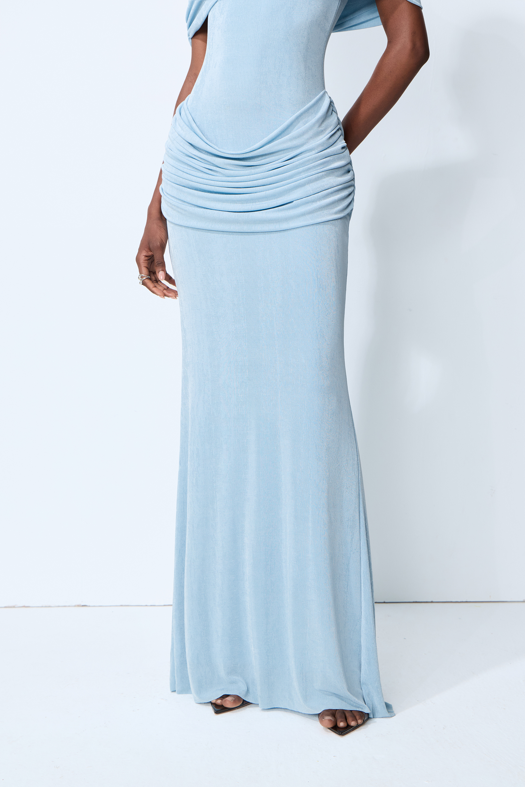 Softly Beautiful Blue Off Shoulder Ruched Cape Sleeve Maxi Dress