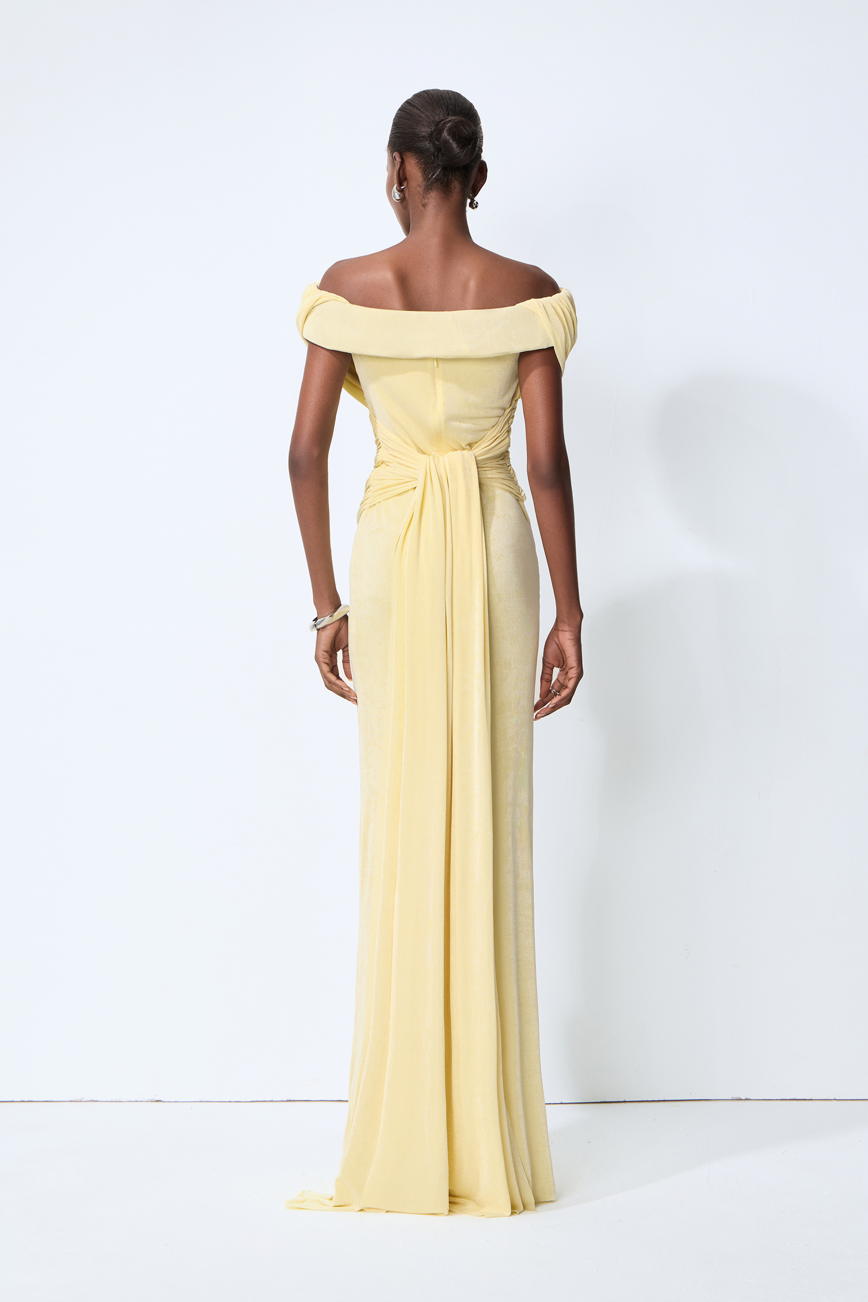 Made to Shine Yellow Off Shoulder Ruched Maxi Dress