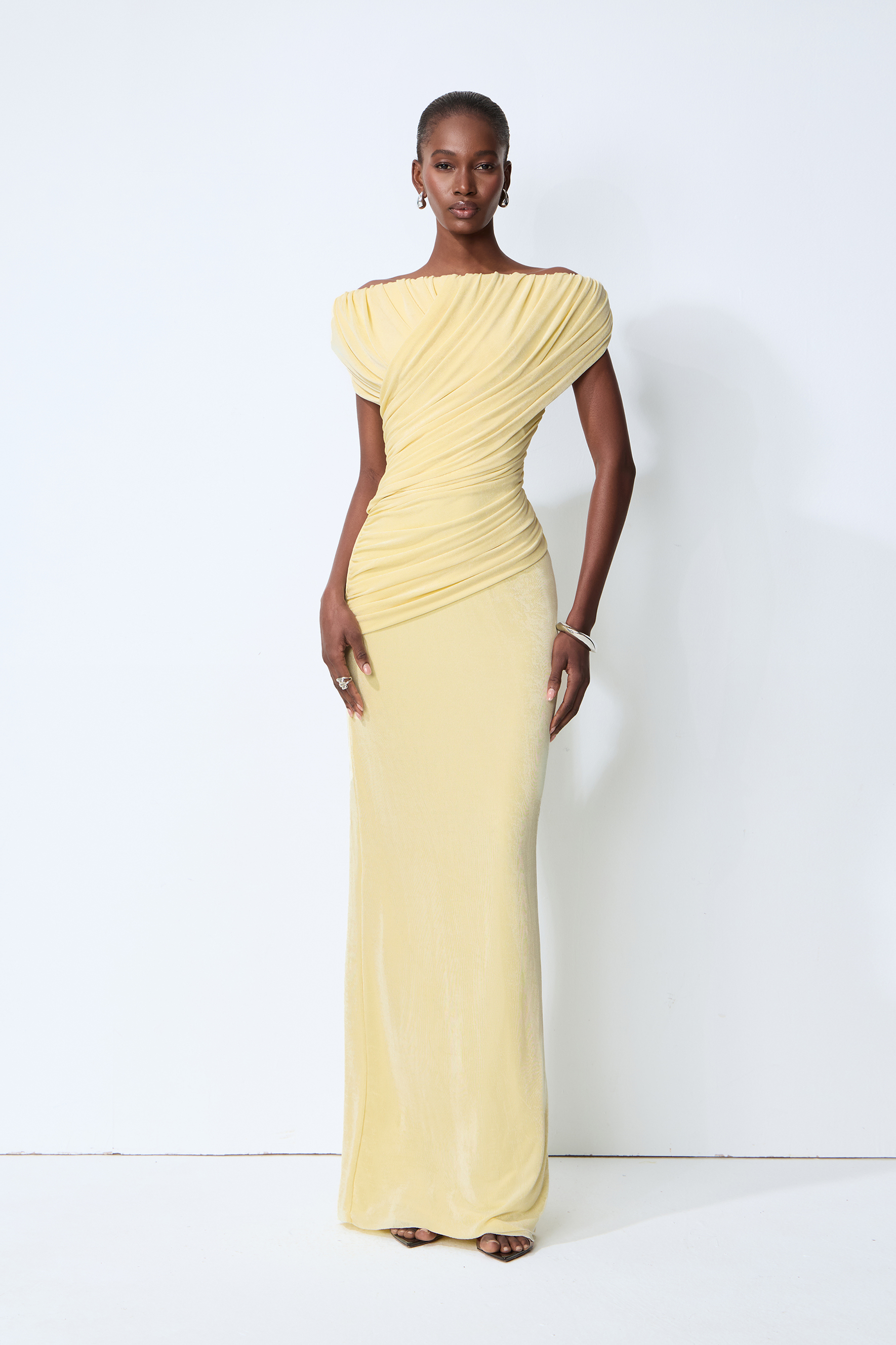 Made to Shine Yellow Off Shoulder Ruched Maxi Dress