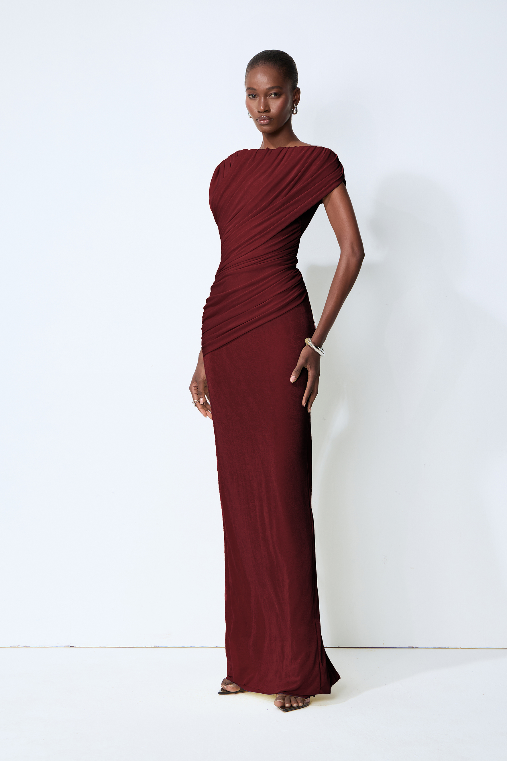 Made to Shine Burgundy Off Shoulder Ruched Maxi Dress