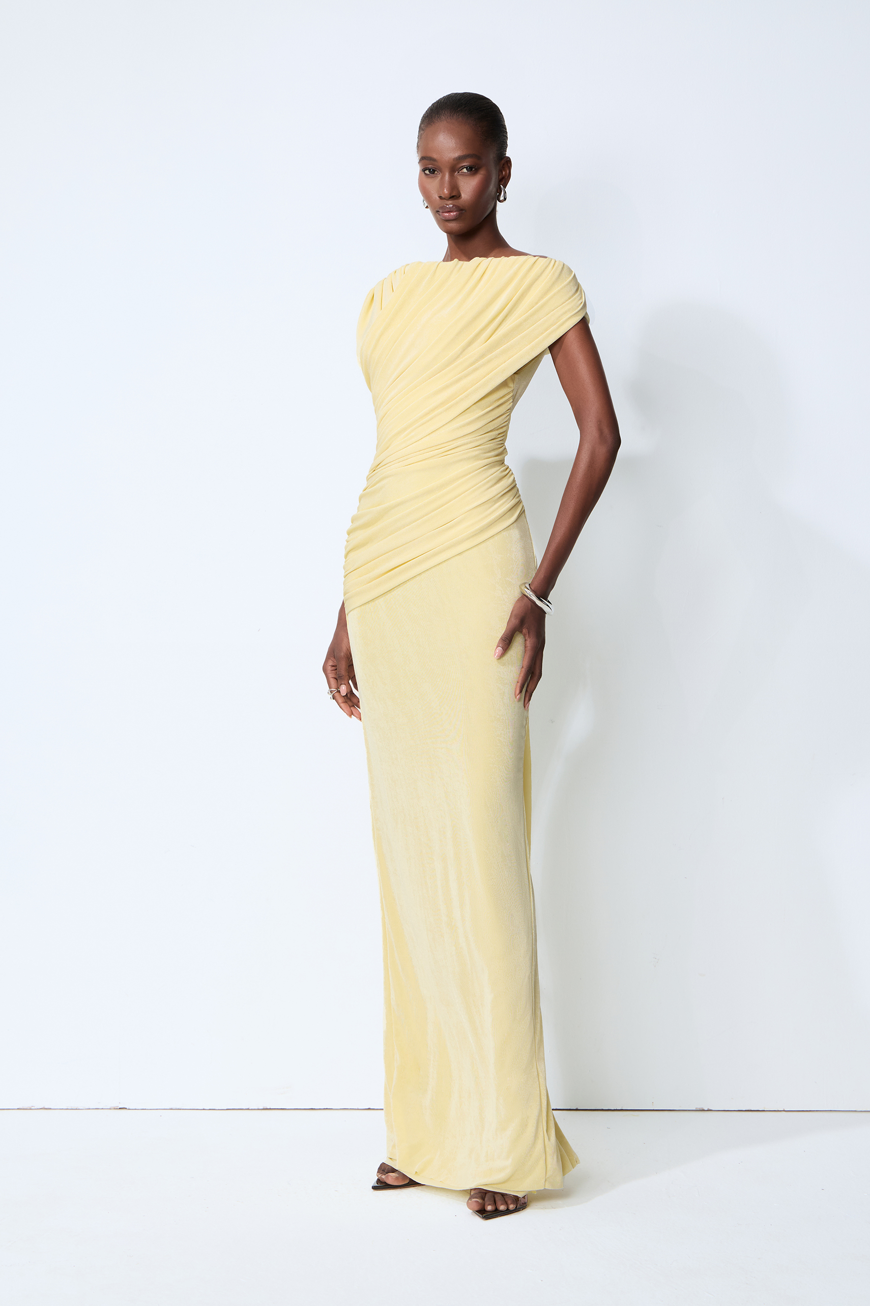 Made to Shine Yellow Off Shoulder Ruched Maxi Dress